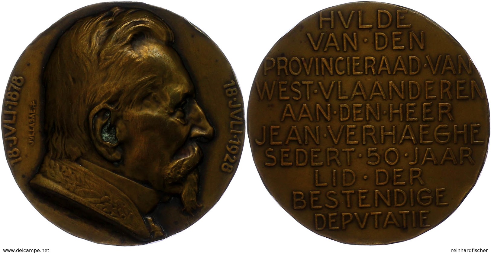 1275 Belgien, Bronzemedaille (Dm. Ca. 60,10mm, Ca. 102,94g), 1928, Von Lagae, Auf Jean Verhaeghe. Av: Büste Nach Rechts. - Andere & Zonder Classificatie