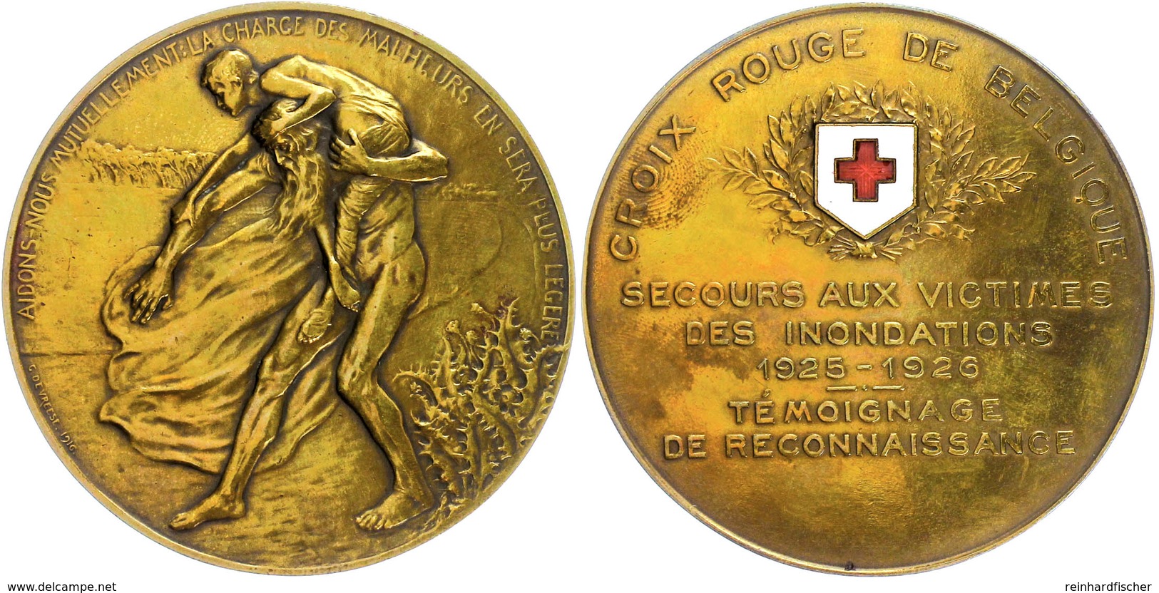 1278 Belgien, Bronzemedaille (Dm. Ca. 70mm, Ca. 92,90mm), 1929, Von G. Devreese, Rotes Kreuz. Av: Alte Männliche Gestalt - Andere & Zonder Classificatie