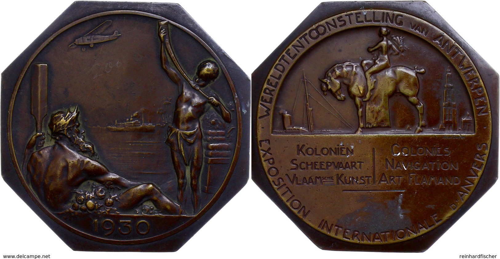 1284 Belgien, Oktogonale Bronzeplakette (ca. 80,90x81mm, Ca. 163,12g), 1930, Von Dupon, Zur Weltausstellung In Antwerpen - Andere & Zonder Classificatie