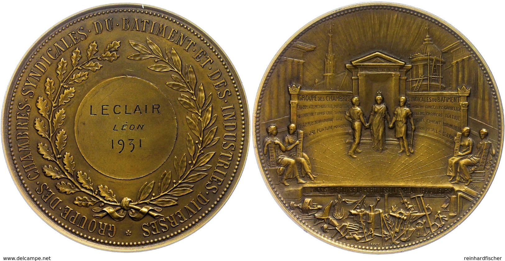 1292 Frankreich, Bronzemedaille (Dm. Ca. 72,90mm, Ca. 171,66g), 1937, Von Saget. Av: Verleihungszeremonie Vor Gebäuden.  - Sonstige & Ohne Zuordnung