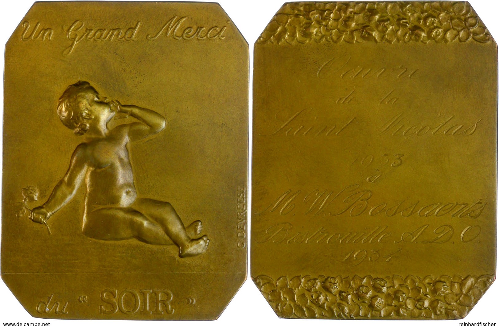 1303 Oktogonale Bronzeplakette (ca. 65x50,10mm, Ca. 89,91g), 1934, Von G. Devreese. Av: Sitzender Nackter Knabe Nach Rec - Andere & Zonder Classificatie