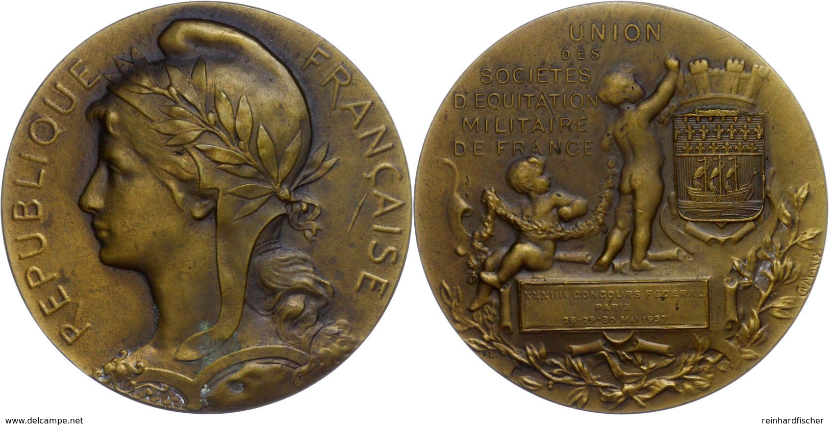 1311 Frankreich, Bronzemedaille (Dm. Ca. 50mm, Ca. 59,35g), 1937, Von Marey. Av: Büste Der Marianne Nach Links, Darum Um - Andere & Zonder Classificatie