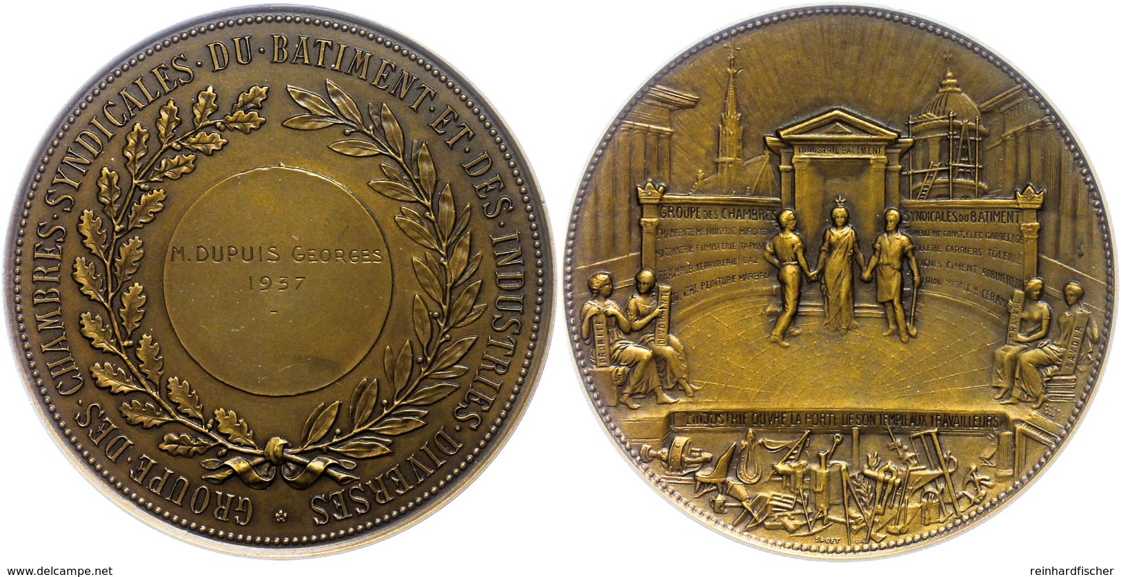 1313 Frankreich, Bronzemedaille (Dm. Ca. 71,90mm, Ca. 148,47g), 1937, Von Saget. Av: Verleihungszeremonie Vor Gebäuden.  - Sonstige & Ohne Zuordnung