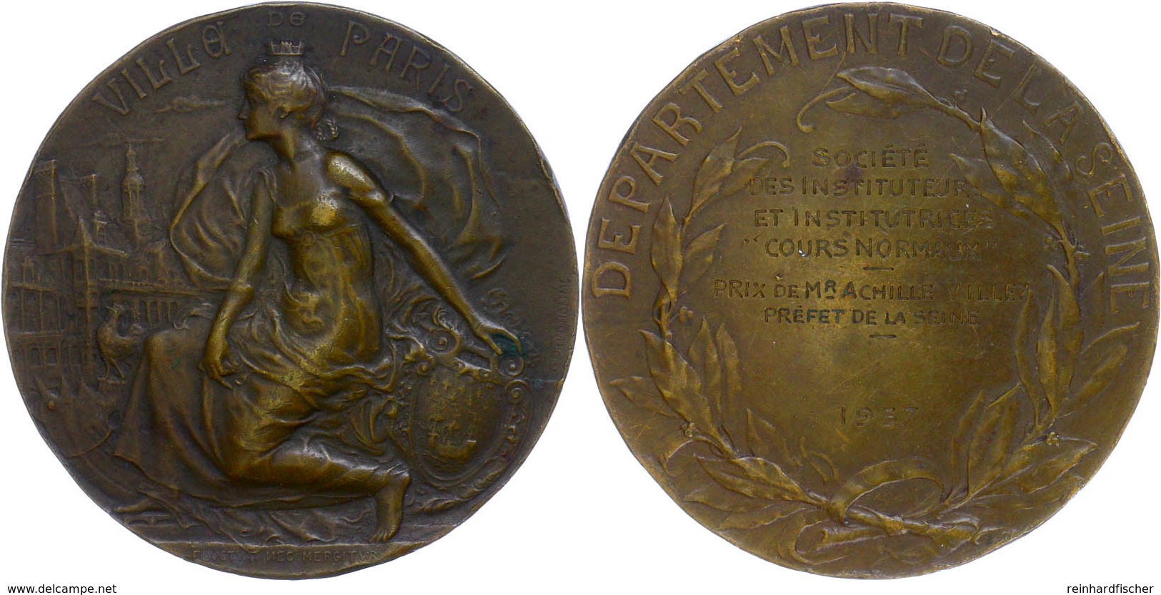 1314 Frankreich, Paris, Bronzemedaille (Dm. Ca. 50,80mm, Ca. 58,79g), 1937, Von Prudhomme. Av: Sitzende Weibliche Gestal - Andere & Zonder Classificatie