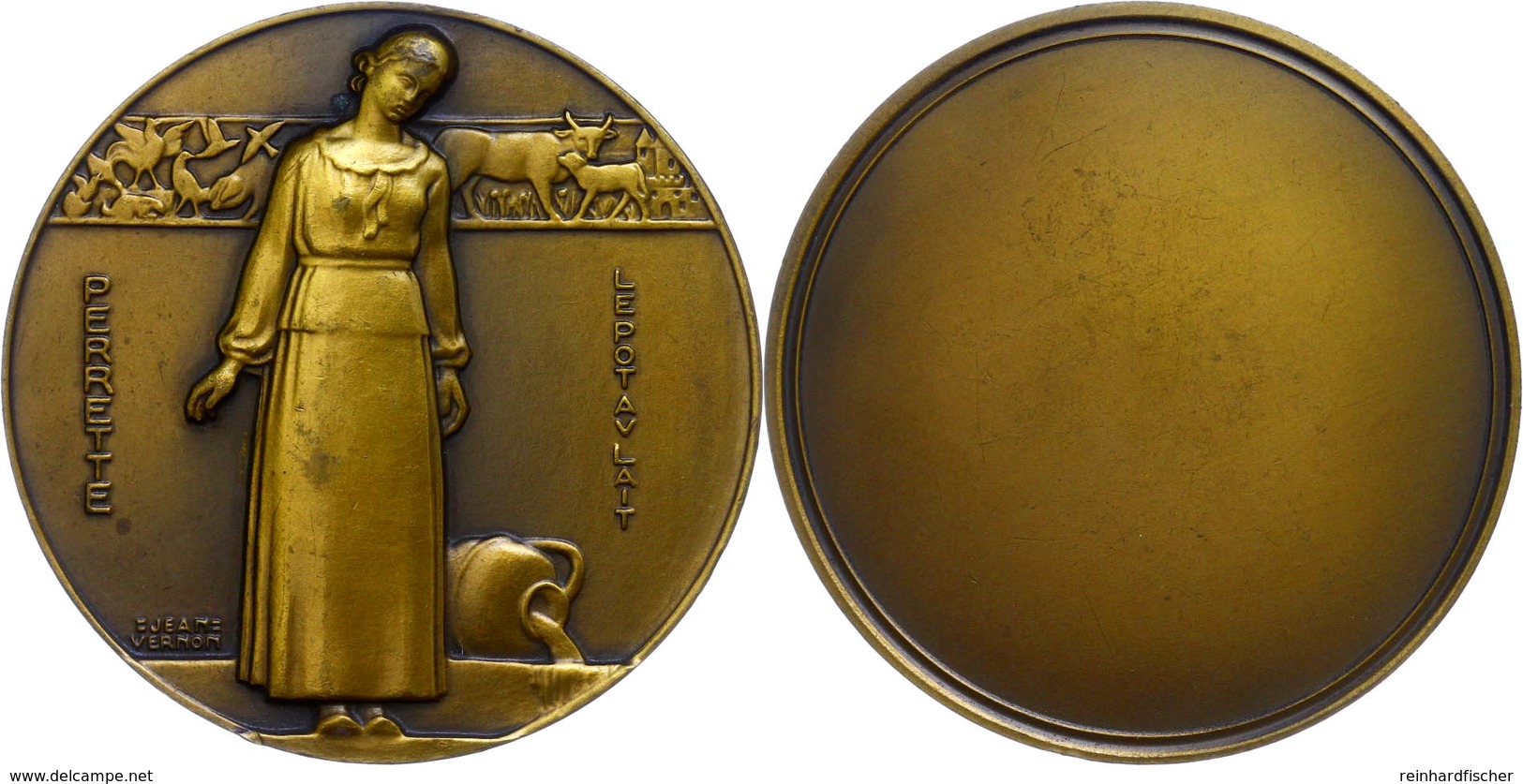 1323 Frankreich, Einseitige Bronzemedaille (Dm. Ca. 59mm, Ca. 102,61g), O.J., Von J. Vernon. Av: Stehende Bäuerin Neben  - Andere & Zonder Classificatie