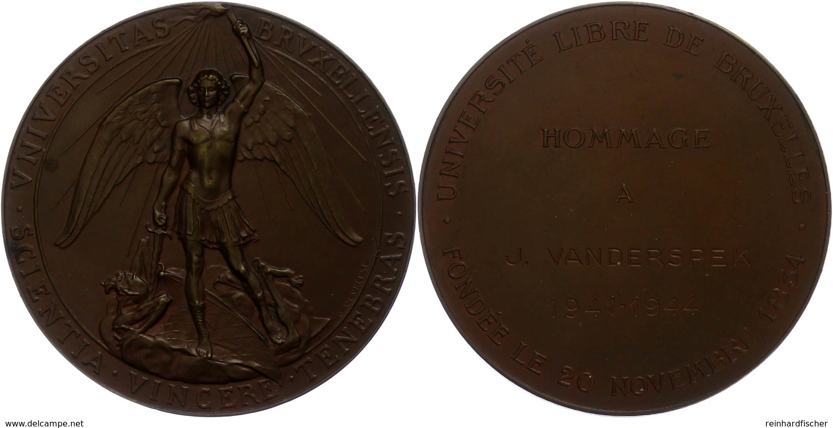 1324 Belgien, Bronzemedaille (Dm. Ca. 65,80mm, Ca. 106,73g), 1944, Von G. Devreese, Universität Brüssel. Av: Geflügelter - Sonstige & Ohne Zuordnung
