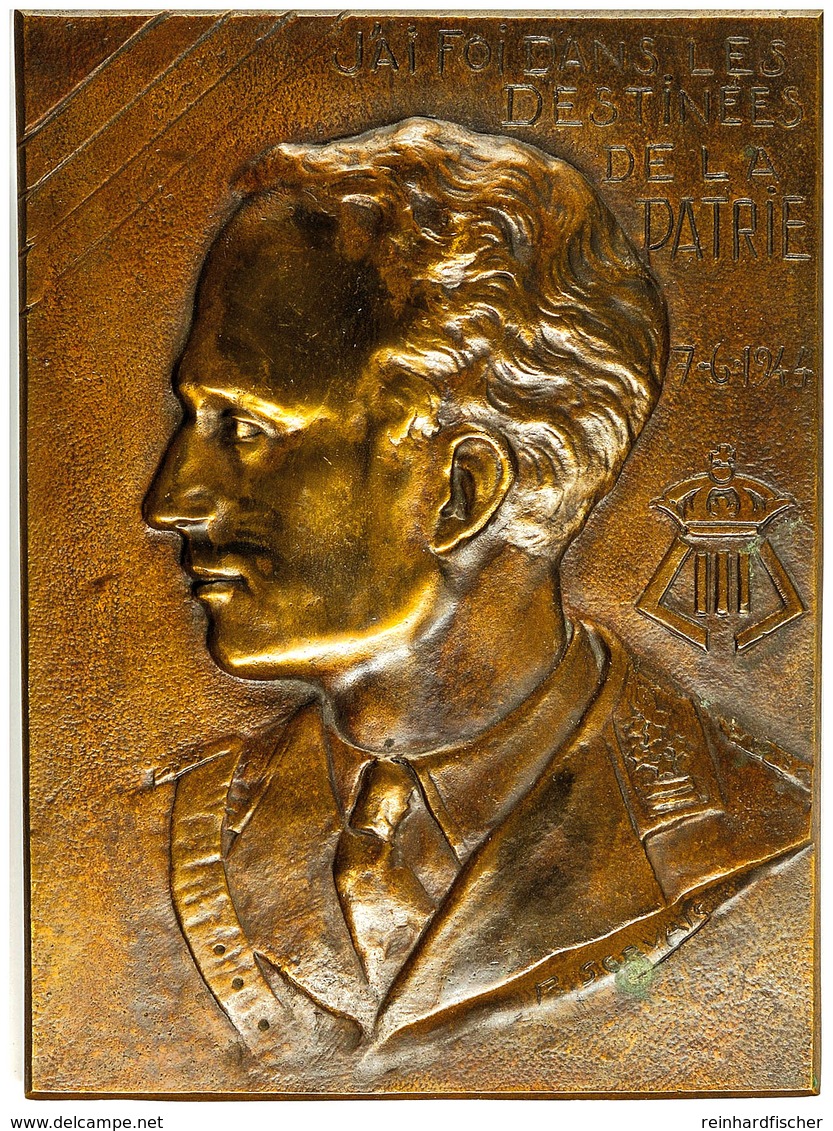 1325 Belgien, Aufstellbare, Große Bronzeplakette (ca. 21x15,40cm, Ca. 970g), 1944, Von R. Servais. Av: Büste Leopolds II - Andere & Zonder Classificatie