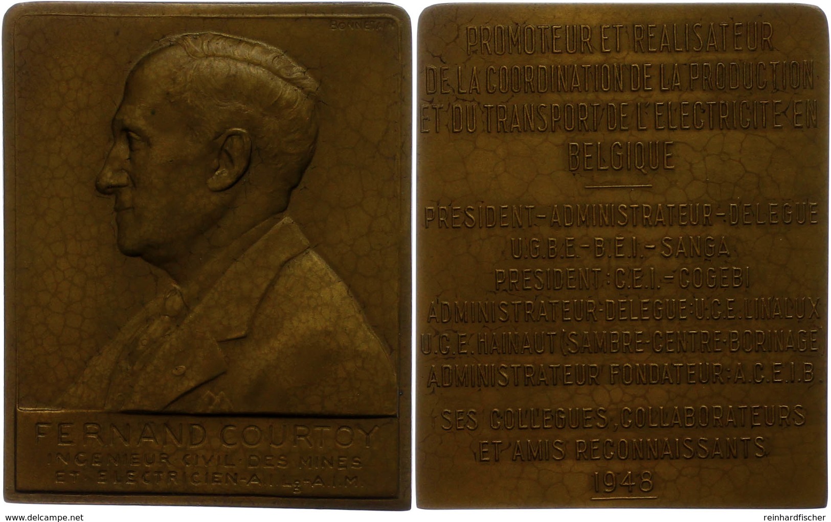 1326 Belgien, Rechteckige Bronzeplakette (ca. 73x59,50mm, Ca. 122,08g), 1948, Von Bonnetain, Auf Fernand Courtoy. Av: Br - Andere & Zonder Classificatie