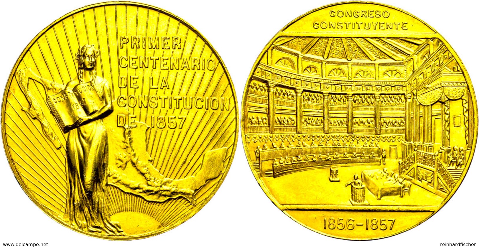 1340 Mexiko, Goldmedaille 1957, Unsigniert, Auf Die 100 Jahrfeier Der Konstitution, Avers: Stehende Frau Mit Aufgeschlag - Sonstige & Ohne Zuordnung