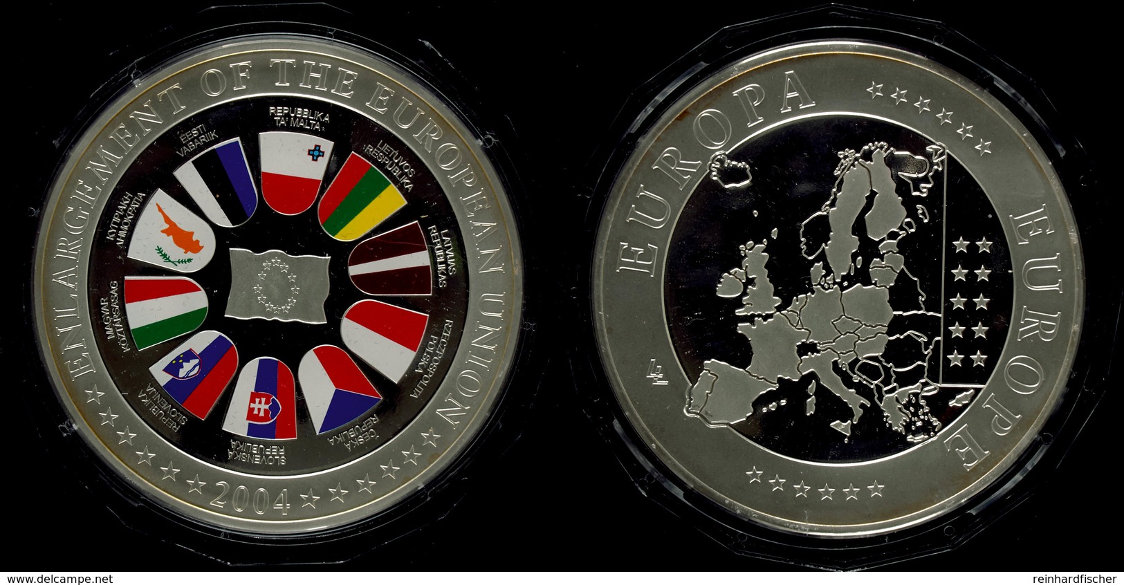 1345 1 Kg Silbermedaille, 2004, Erste Farb-Gedenkprägung Zur EU Erweiterung, (Dm 98mm, 999er Silber), Av: Neben Europa-F - Other & Unclassified
