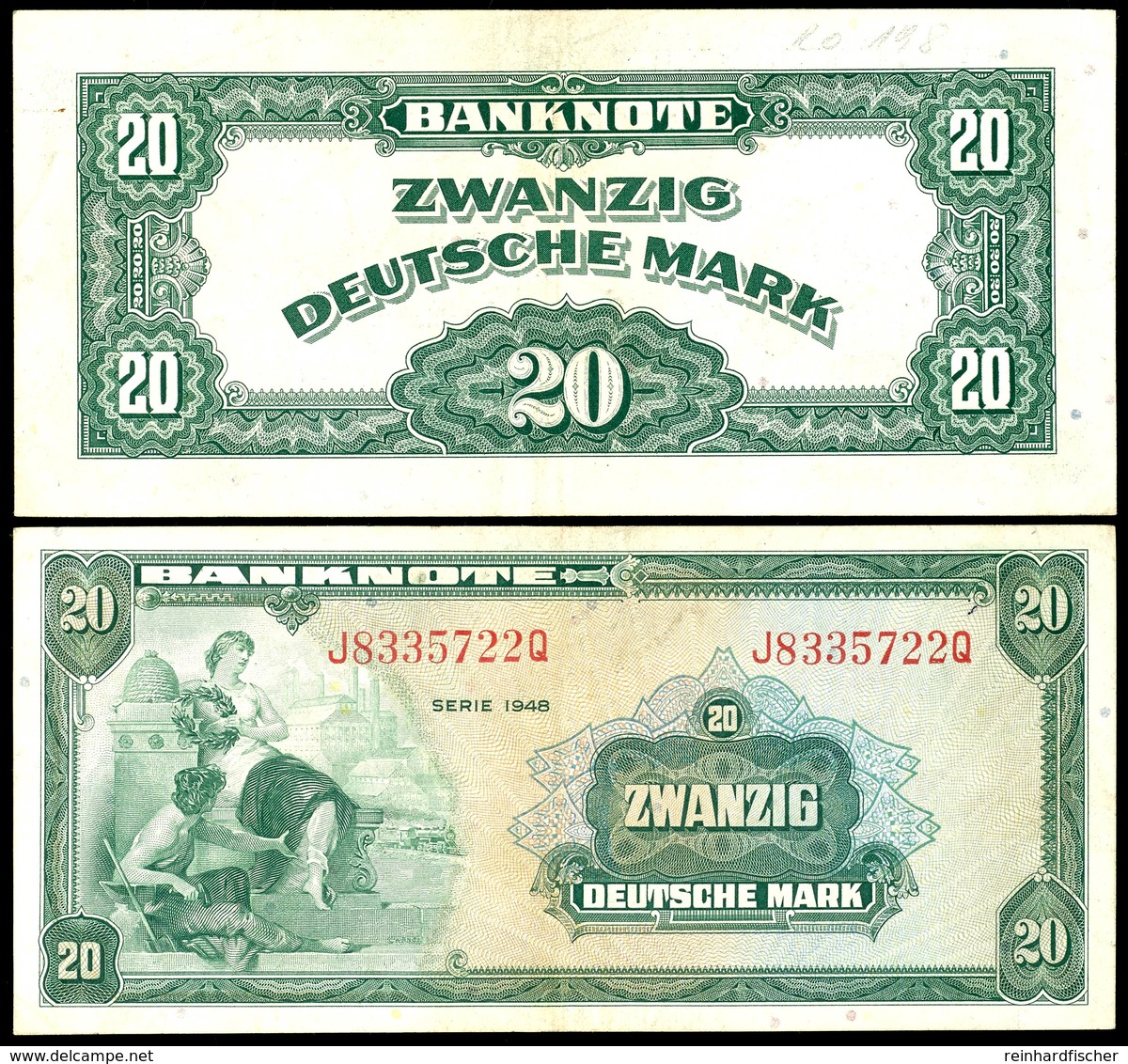 1389 Alliierte Besatzungs-Bank Deutscher Länder, Westzonen 1948/1949, 20 Deutsche Mark, 1948, KN 7-stellig Rot, Knickspu - Sonstige & Ohne Zuordnung