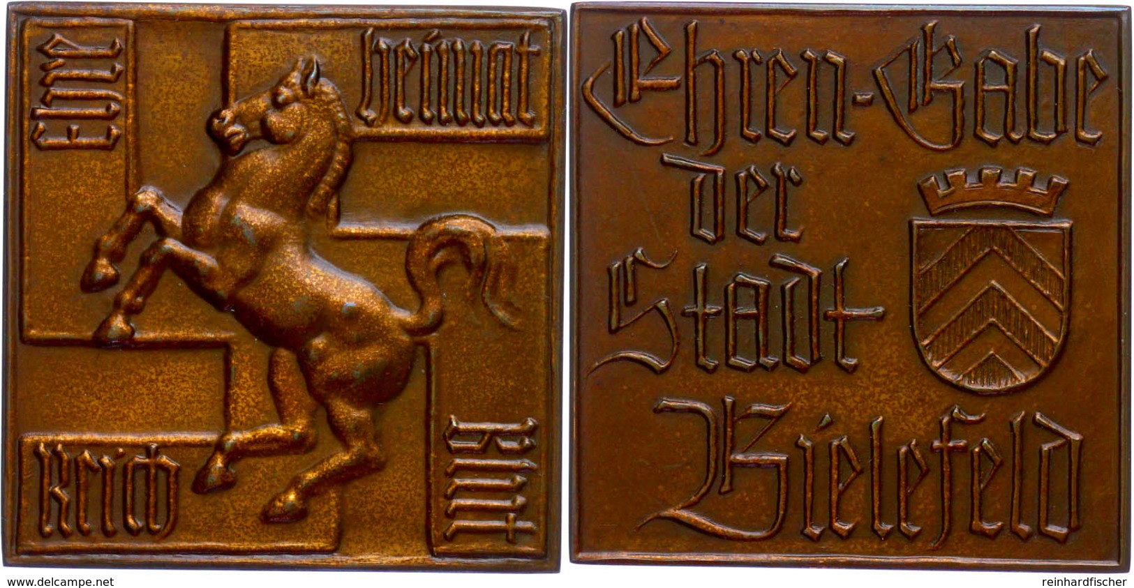 1495 Bielefeld, Zweiseitige Bronzeplakette, O.J., Ehrengabe Der Stadt Bielefeld, Av: Pferd Vor Hakenkreuz In Den Vier Ec - Sonstige & Ohne Zuordnung