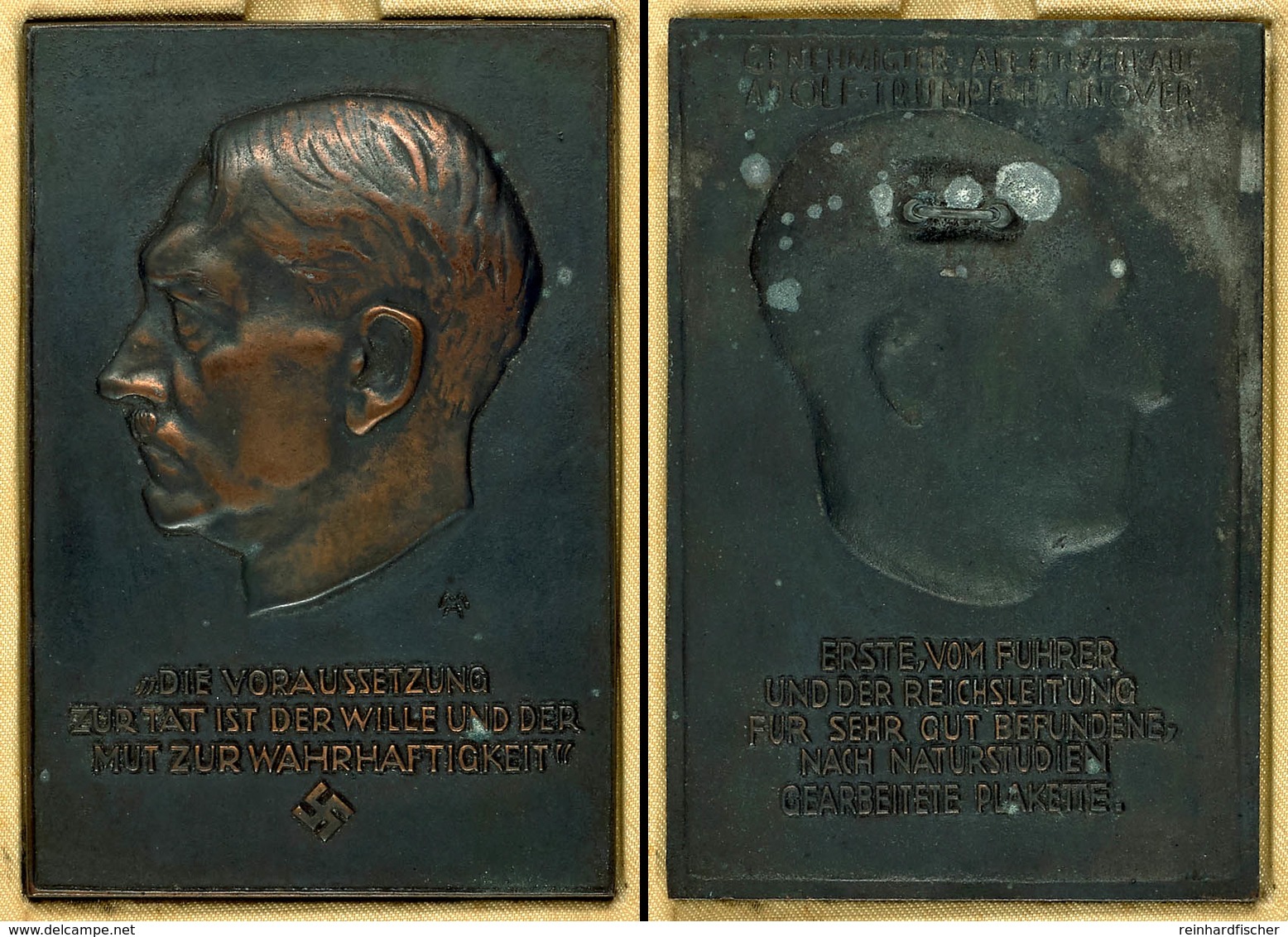 1497 Einseitige Bronzegussplakette Adolf Hitler Von Vogel/Moshage, O.J., Kopf Nach Links über Schrift "Die Voraussetzung - Sonstige & Ohne Zuordnung