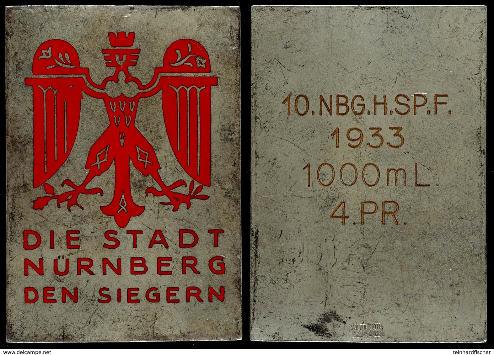 1506 Nürnberg, Siegerplakette, Die Stadt Nürnberg Den Siegern, Rückseitig Graviert 10. NBG.H.SP.F. 1933 1000 M L. 4. PR. - Sonstige & Ohne Zuordnung