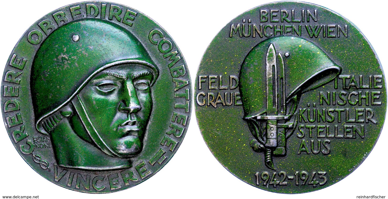 1520 Berlin-München-Wien, Medaille Grün Lackiert, 1942-1943, Ausstellungsmedaille Von F. Giannone, Av: Soldatenkopf Nach - Sonstige & Ohne Zuordnung