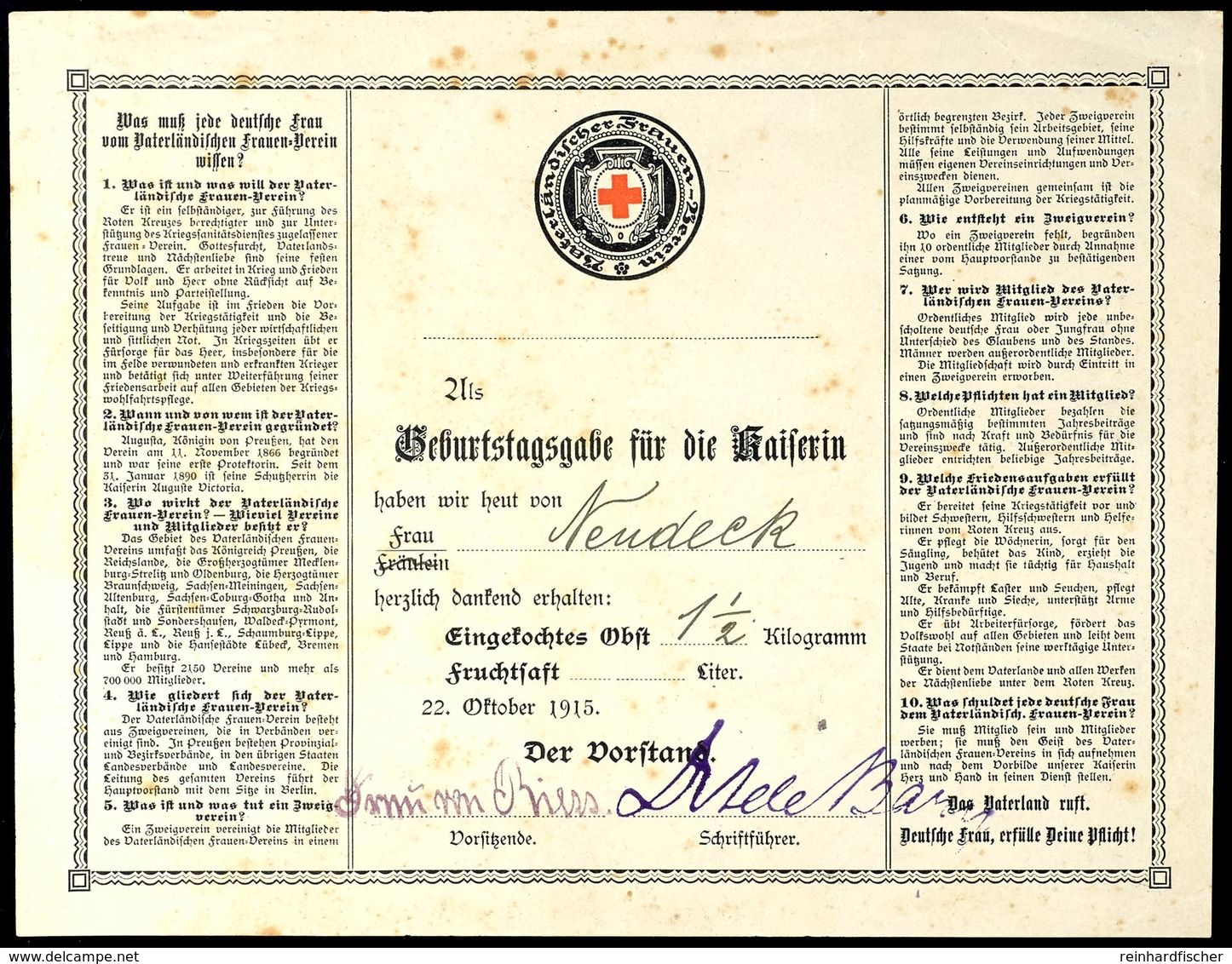 1524 "Spendenquittung" Vaterländischer Frauen-Verein, "Geburtstagsgabe Für Die Kaiserin", Datiert 22. Oktober 1915, Stoc - Documenten