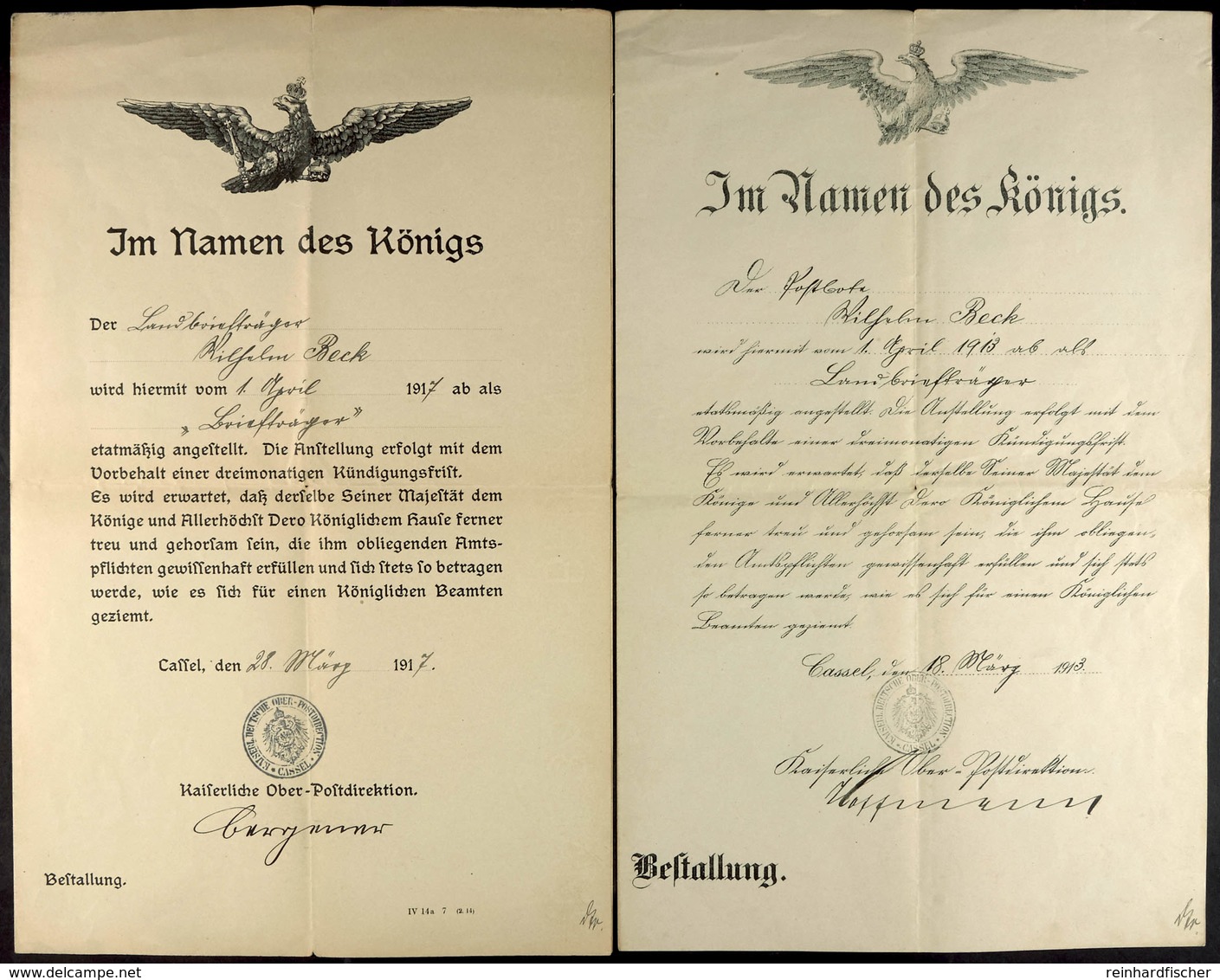 1525 2x Bestallungsurkunden Eines Briefträgers, Einmal Datiert 18. März 1913 Und Einmal Datiert 28. März 1917, "Landbrie - Documenten