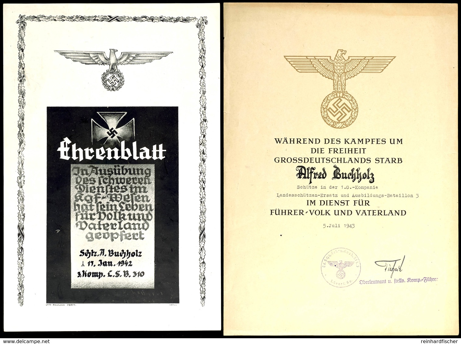 1526 Ehrenblatt Eines Schützen Verstorben Am 17. Jan. 1942 Und "Heldentod"-Urkunde, Beides Zustand II.  II - Documents