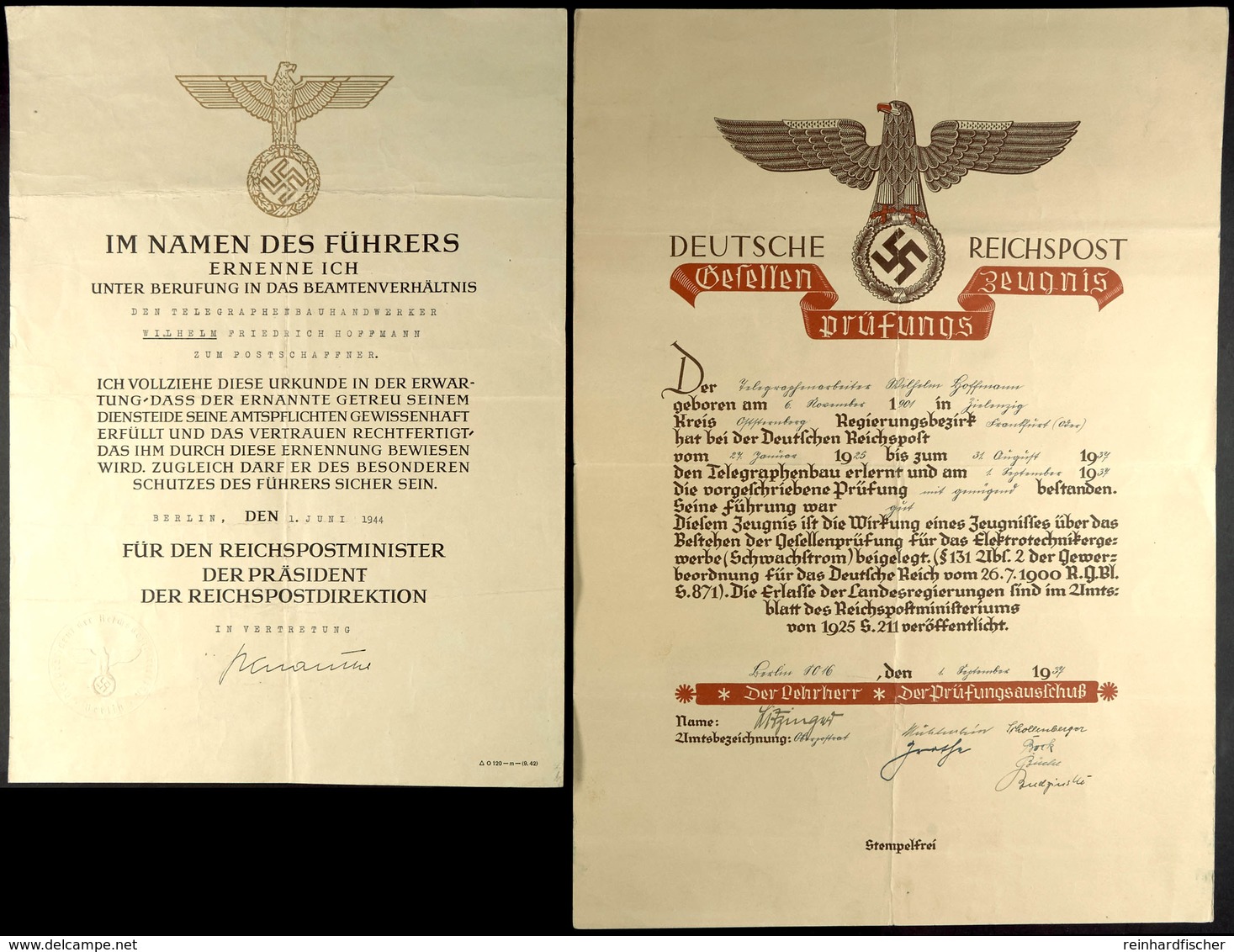 1528 Ernennungsurkunde Eines Telegraphenbauhandwerkers Zum Postschaffner, Datiert Berlin Den 1. Juni 1944, Mit Großem Re - Documents