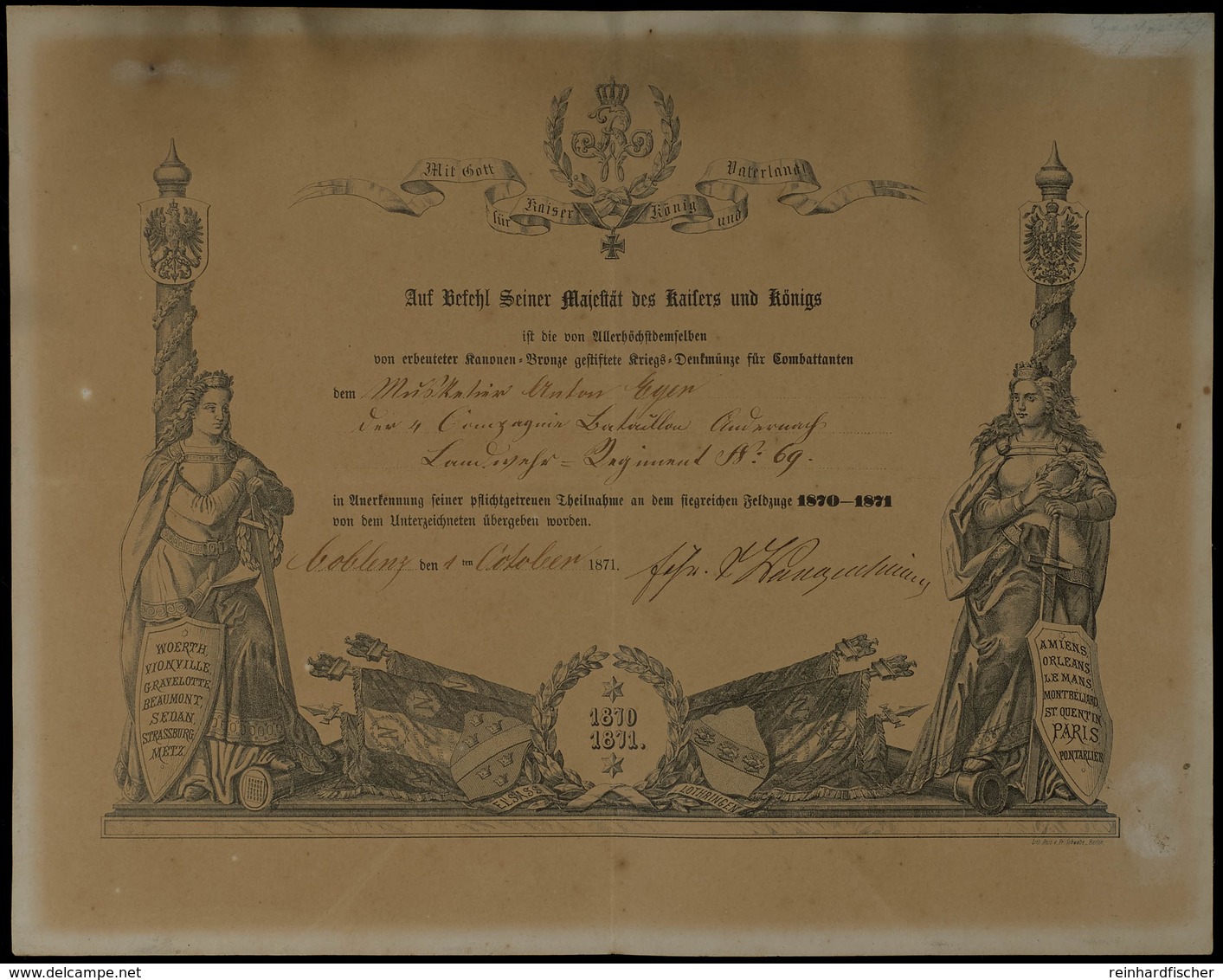 1532 Urkunde Zur Kriegsdenkmünze Preußen 1870/71 Für Kämpfer, Randinschrift "AUS EROBERTEM GESCHÜTZ", Datiert 1. Oktober - Documenten