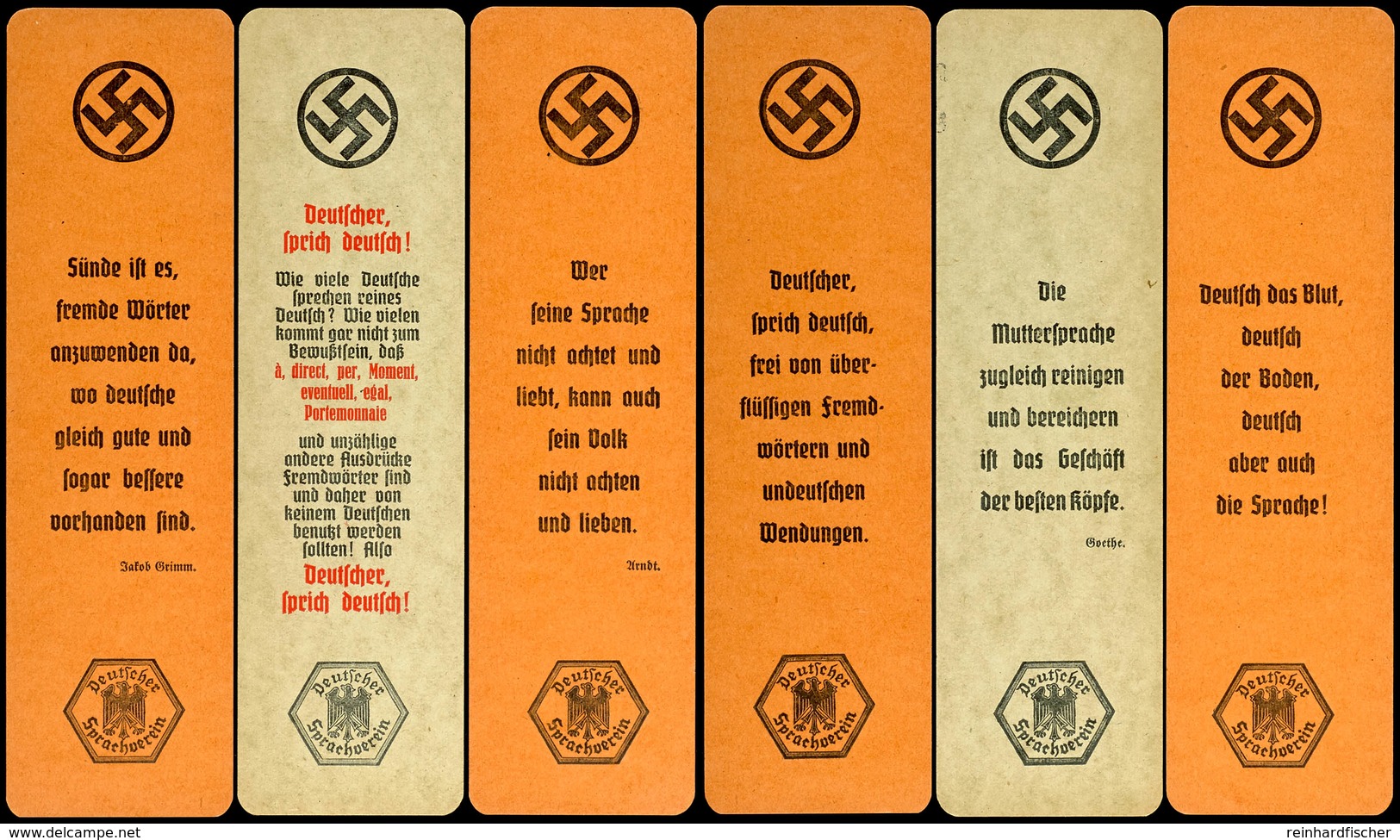 1574 3x Lesezeichen Des Deutschen Sprachvereins, Verschiedene Zitate Unter Hakenkreuz, Beidseitig, Leichte Pappe, Zustan - Sonstige & Ohne Zuordnung