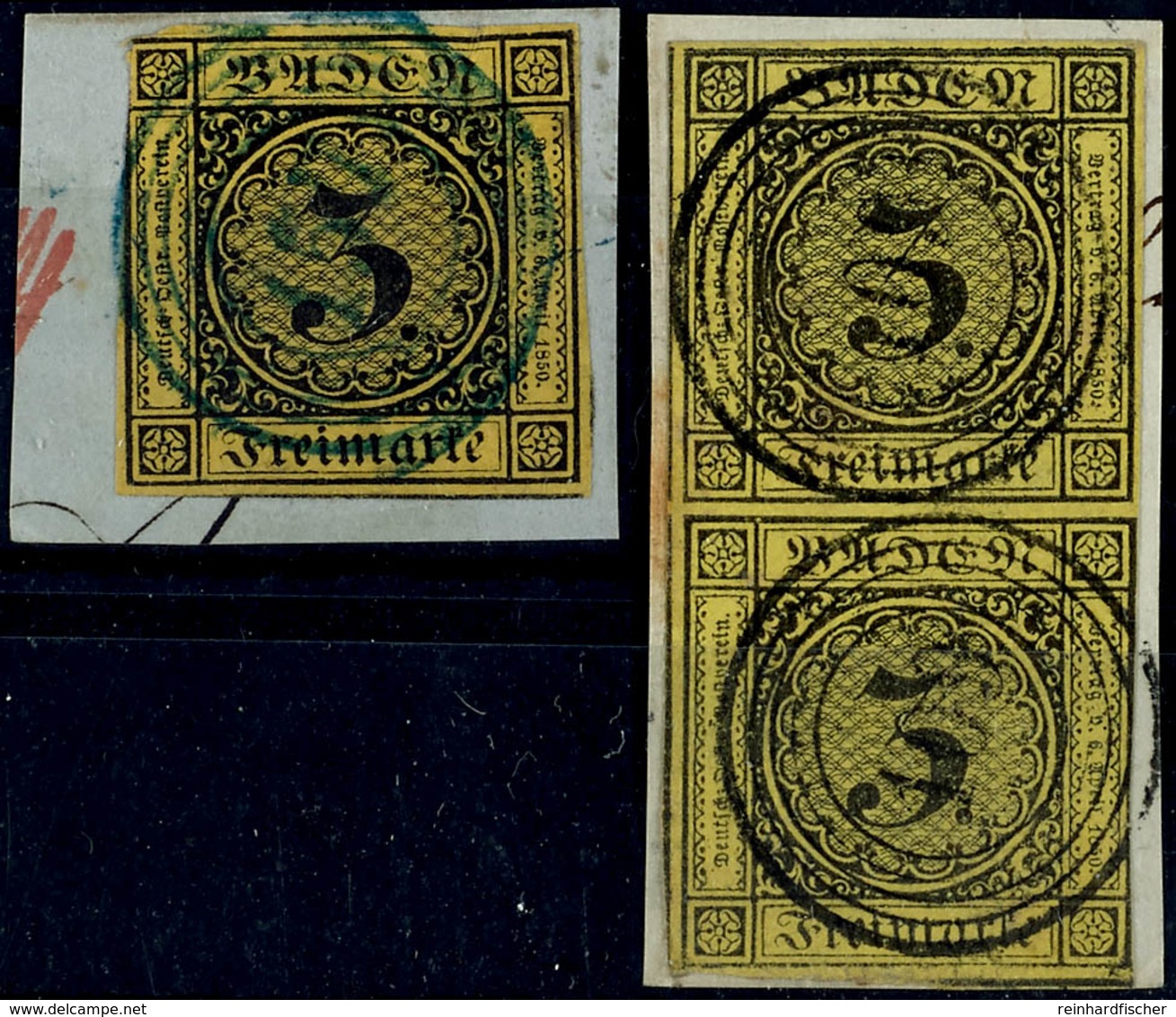 1652 3 Kr In A-Farbe Und Senkrechtes Paar 3 Kr In B-Farbe Jeweils Tadellos Auf Briefstück Und Jeweils Gepr. Flemming BPP - Andere & Zonder Classificatie