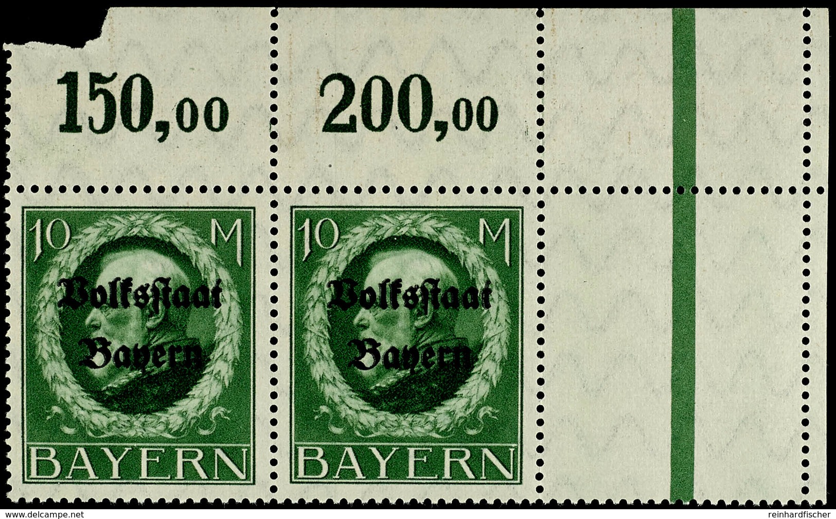 1719 10 Mark Volksstaat Bayern Frühdruck, Waagerechtes Oberrandpaar Mit Rechts Anhängendem Leerfeld Tadellos Postfrisch  - Sonstige & Ohne Zuordnung