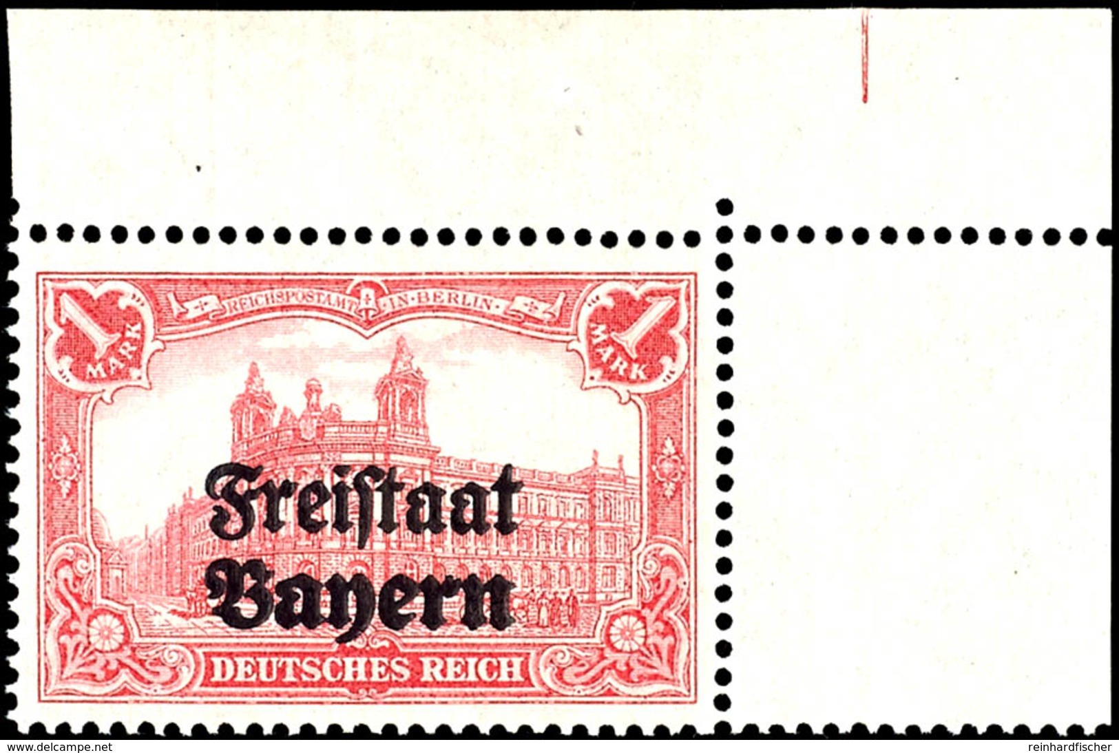 1721 1 Mark Deutsches Reich Rot Mit Schwarzem Bdr.-Aufdruck "Freistaat Bayern", Abart "doppelter Aufdruck", Eckrandstück - Sonstige & Ohne Zuordnung