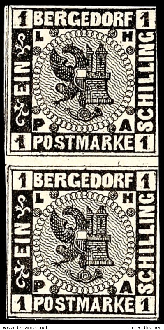 1740 1 Sch. Schwarz Auf Weiß, Allseits Vollrandiger Senkrechtes Kehrdruckpaar, Postfrisch, Obere Marke Rechts Tangiert - - Bergedorf