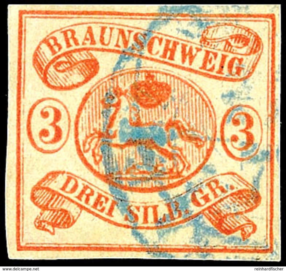 1745 3 Sgr. Orangerot, Allseits Vollrandig, Entwertet Mit Blauem Zweikreisstempel, Tadellos Erhalten, Fotobefund Lange B - Brunswick