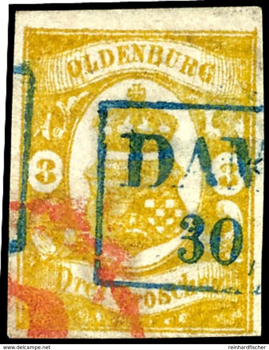 1804 3 Gr. Dunkelgraugelb, Tadellos Gestempelt Ra2 "DAMME" Und Roter K1 "P.", Allseits Voll- Bis Breitrandig, Dekorative - Oldenburg