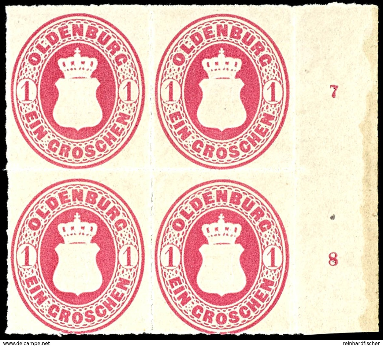 1808 1 Groschen,  Durchstich 10, Viererblock Vom Rechten Bogenrand Mit Reihenzählern "7" Und "8", Postfrisch, Signiert G - Oldenburg