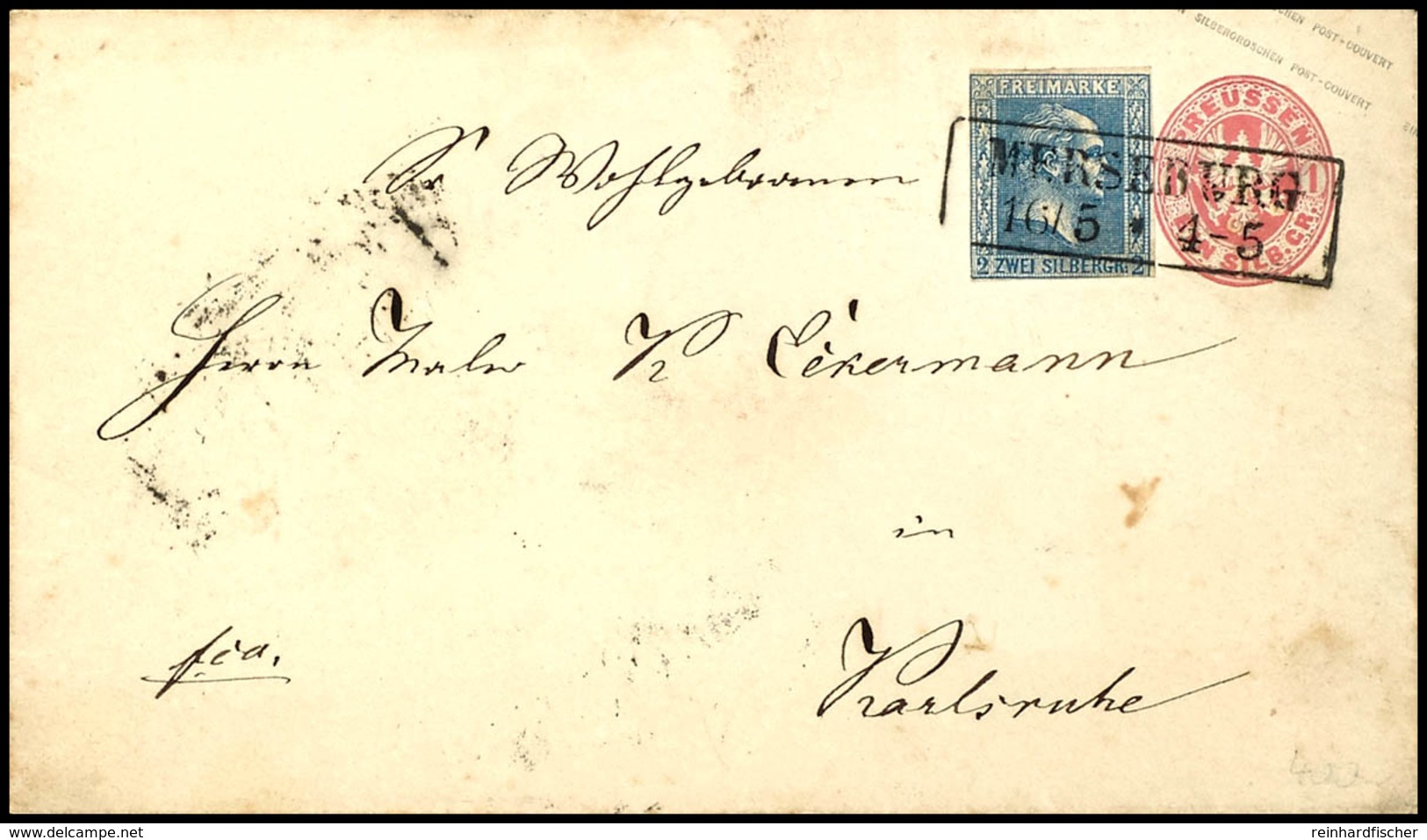 1831 2 Silbergroschen Blau (angeschnitten) Als Zufrankatur Auf 1 Sgr. Ganzsachenumschlag Von "Merseburg" (Ra2) Nach Karl - Other & Unclassified