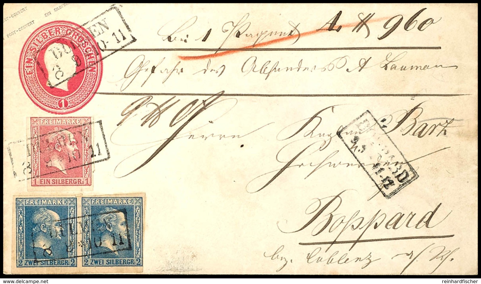 1834 2 Silbergroschen Blau Im Waagerechten Paar (rechte Marke Unten Rechts Lupenrandig) In Mischfrankatur Mit 1 Silbergr - Other & Unclassified