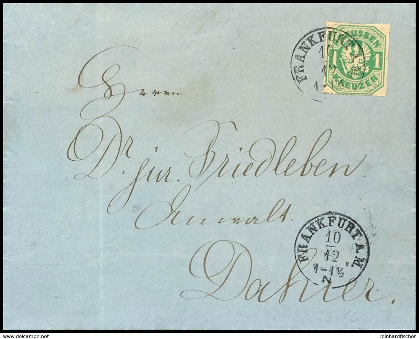 1850 1 Kreuzer Grün, Durchstochen, Einzelfrankatur Auf Ortsbrief "FRANKFURT 10/12", Pracht, Gepr. Grobe, Mi. 300.-  - Ex - Sonstige & Ohne Zuordnung