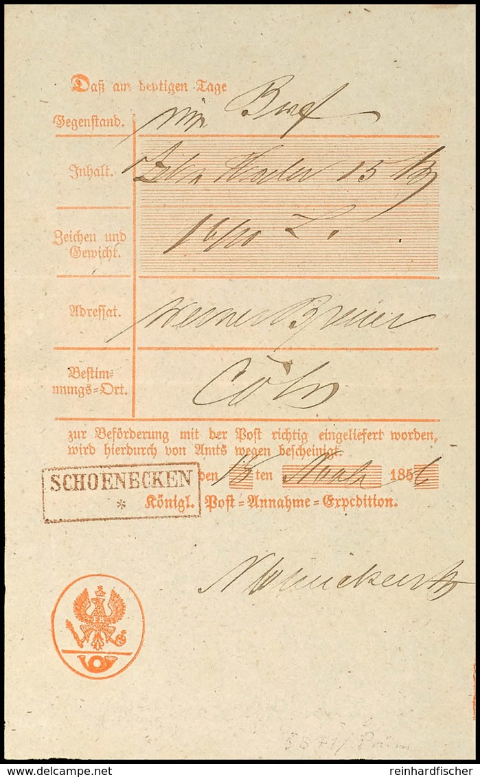 1868 "SCHOENECKEN", OPD Trier (Prüm, Eifel), Ra2 Mit Stern, Klarer Abschlag In Seltener Roter Stempelfarbe, Als Formular - Other & Unclassified