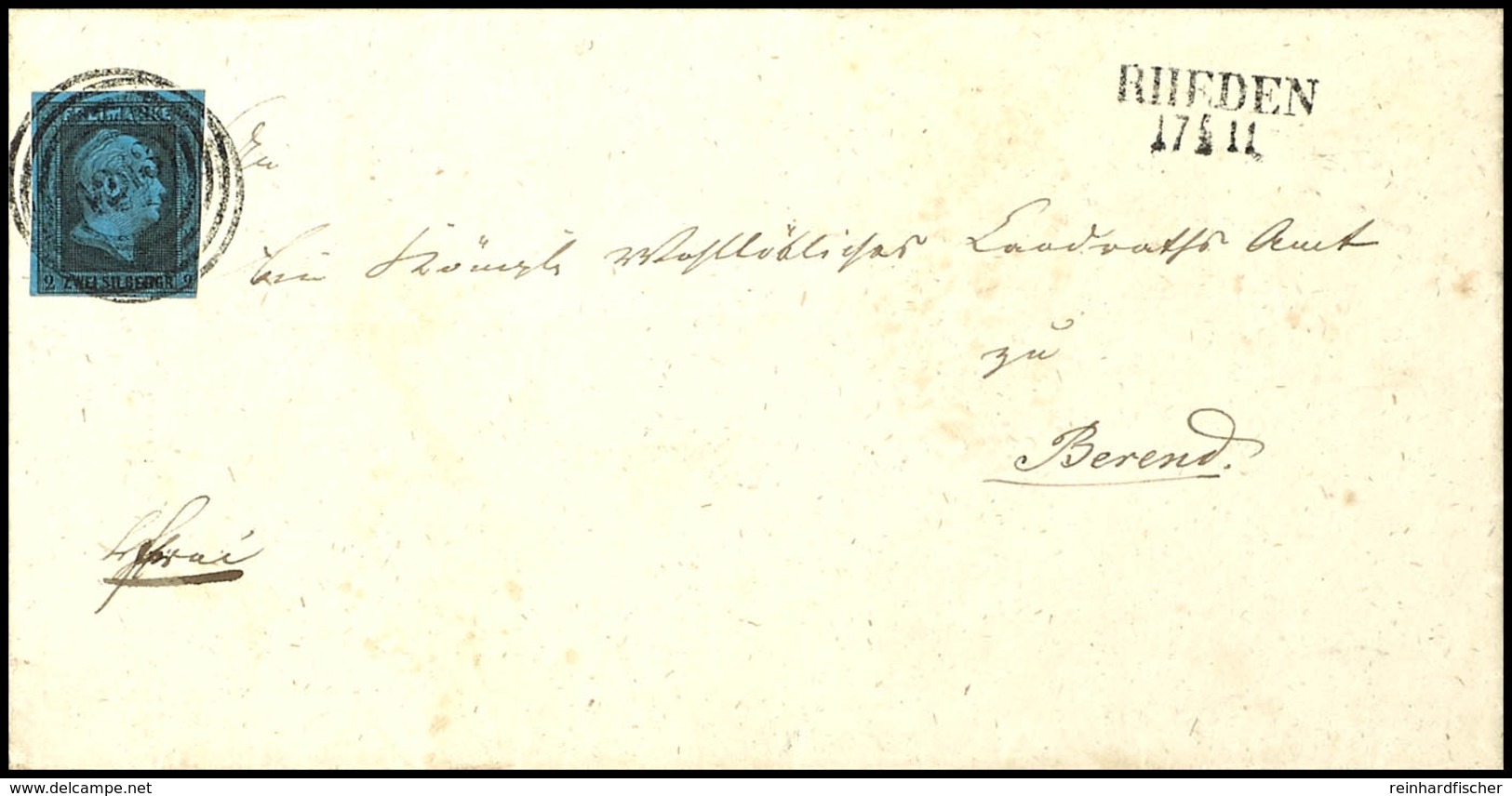 1879 "1213" - Rheden, Klar Auf 2 Sgr. Schwarz Auf Blau Auf Komplettem Faltbrief Mit L2 RHEDEN 17.11.(50) Nach Berend, Ma - Andere & Zonder Classificatie