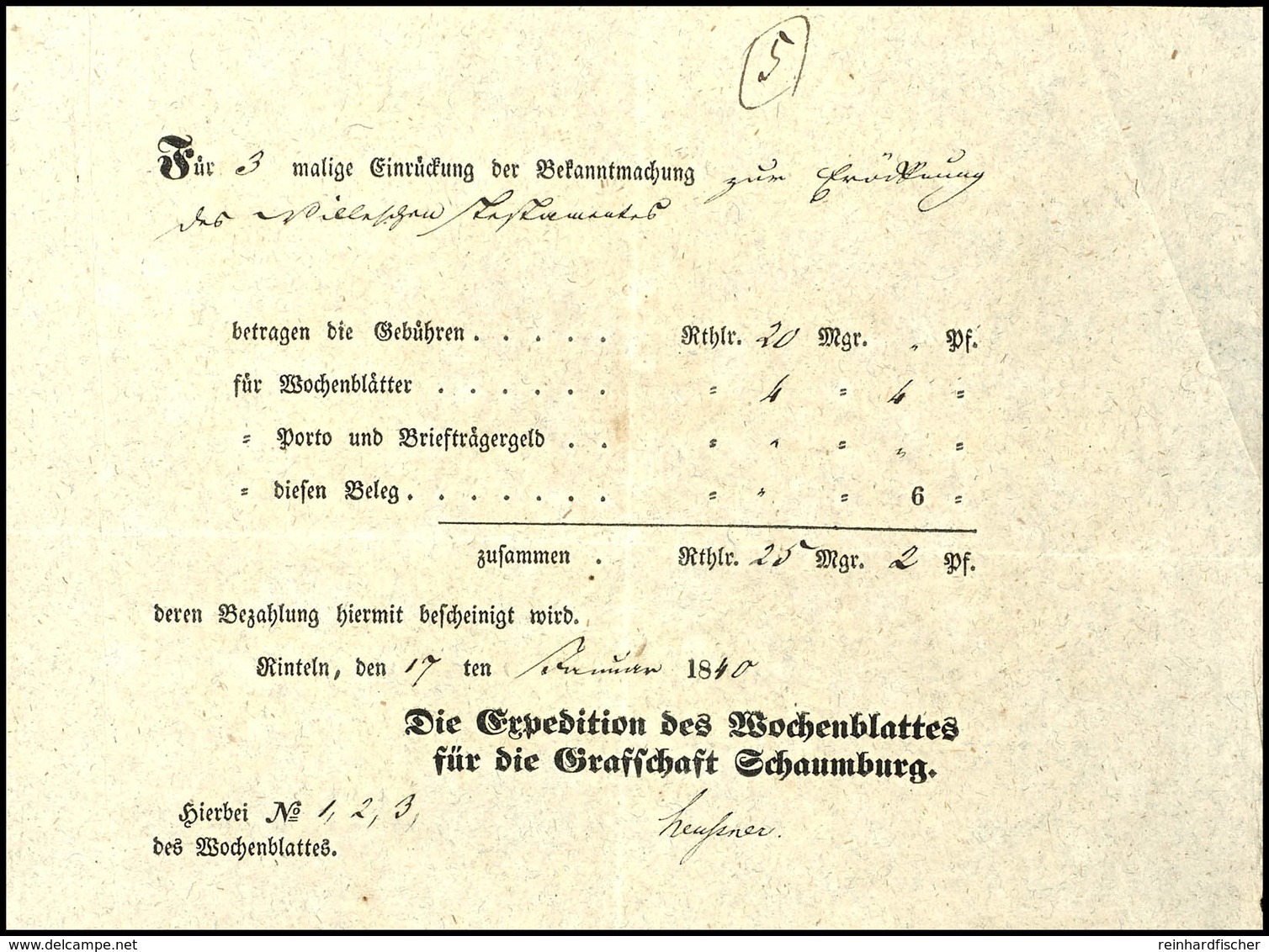 1916 "Rinteln", Ortsvordruck Auf Quittung, Ausgestellt Von Der Expedition Des Wochenblatts Der Grafschaft Schaumburg, U. - Andere & Zonder Classificatie