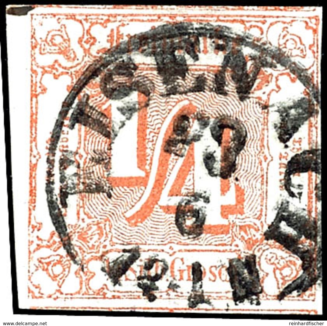 1929 1/4 Sgr. Hellrot, Farbfrisches Exemplar Mit Zentrischem K1 "EISENACH" Und Im Ausnahmeschnitt. Links Mit Teil Des Bo - Sonstige & Ohne Zuordnung