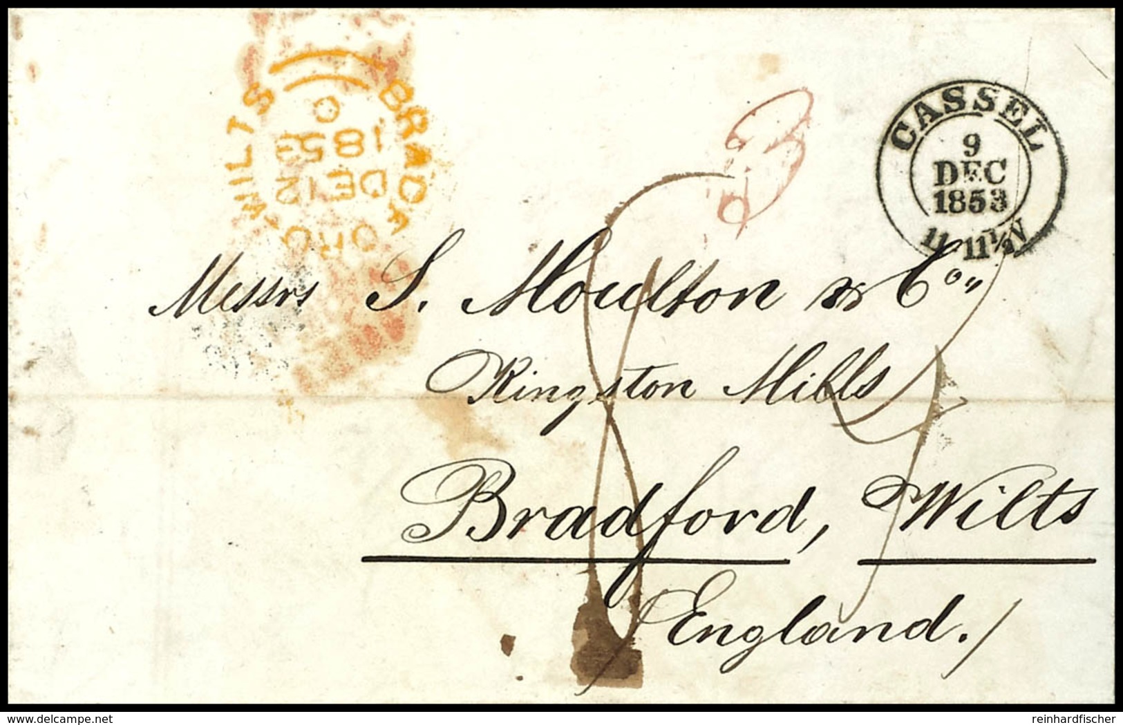 1949 1853, "CASSEL" - K2 Auf Brief Vom 9. Dec. 1853 Nach England Mit Vis. Rotem Ankunfts-Stempel "BRADFORD WILTS" Und Rü - Other & Unclassified