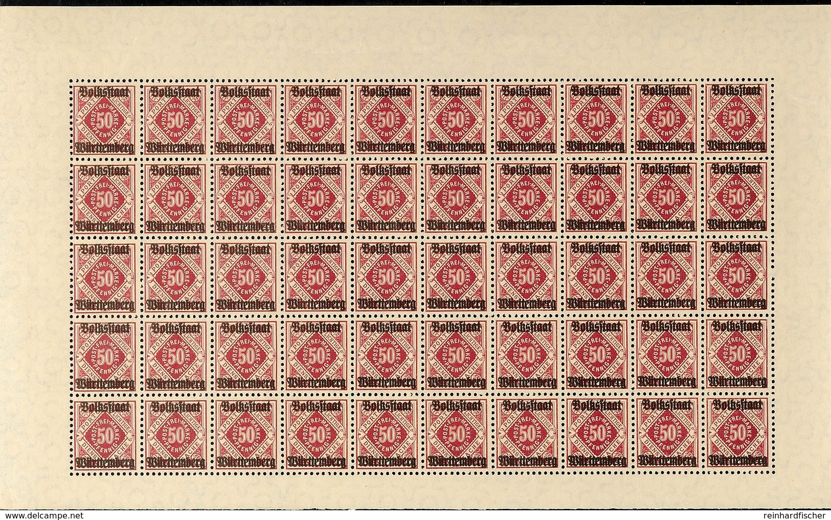 2039 50 Pfg Ziffern Mit Aufdruck "Volksstaat Württemberg", Bogen Zu 50 Marken, A-Farbe!, Postfrisch, Mi. 2.250.-, Katalo - Sonstige & Ohne Zuordnung