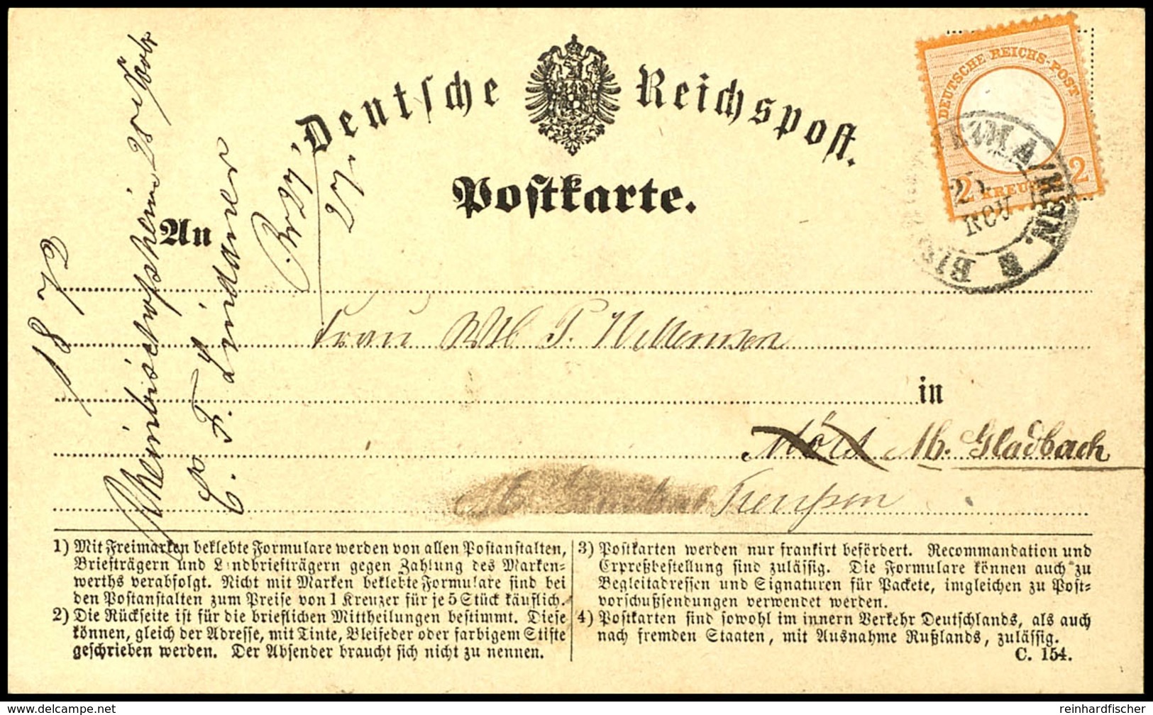 2107 2 Kreuzer Kleiner Schild, Orange, Einzelfrankatur Auf Postkarte Mit "Bischofsheim A/RHN" Nach Mörs Und Von Dort Als - Sonstige & Ohne Zuordnung