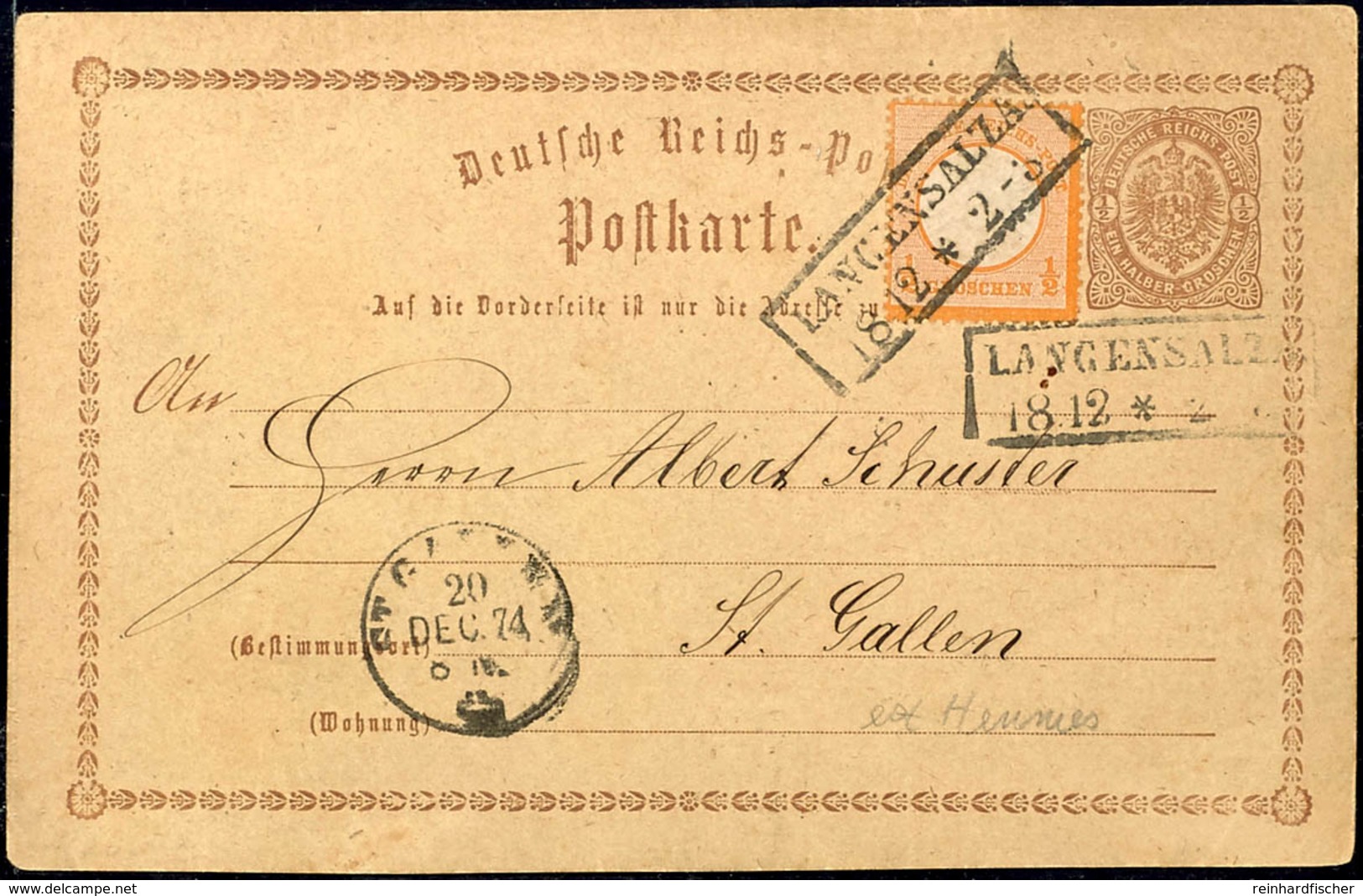 2118 ½ Gr. Orange Als Zusatzfrankatur Auf GA-Karte ½ Gr. Von "LANGENSALZA 18 12" Nach St. Gallen, 1874, Katalog: 18,P1 B - Andere & Zonder Classificatie