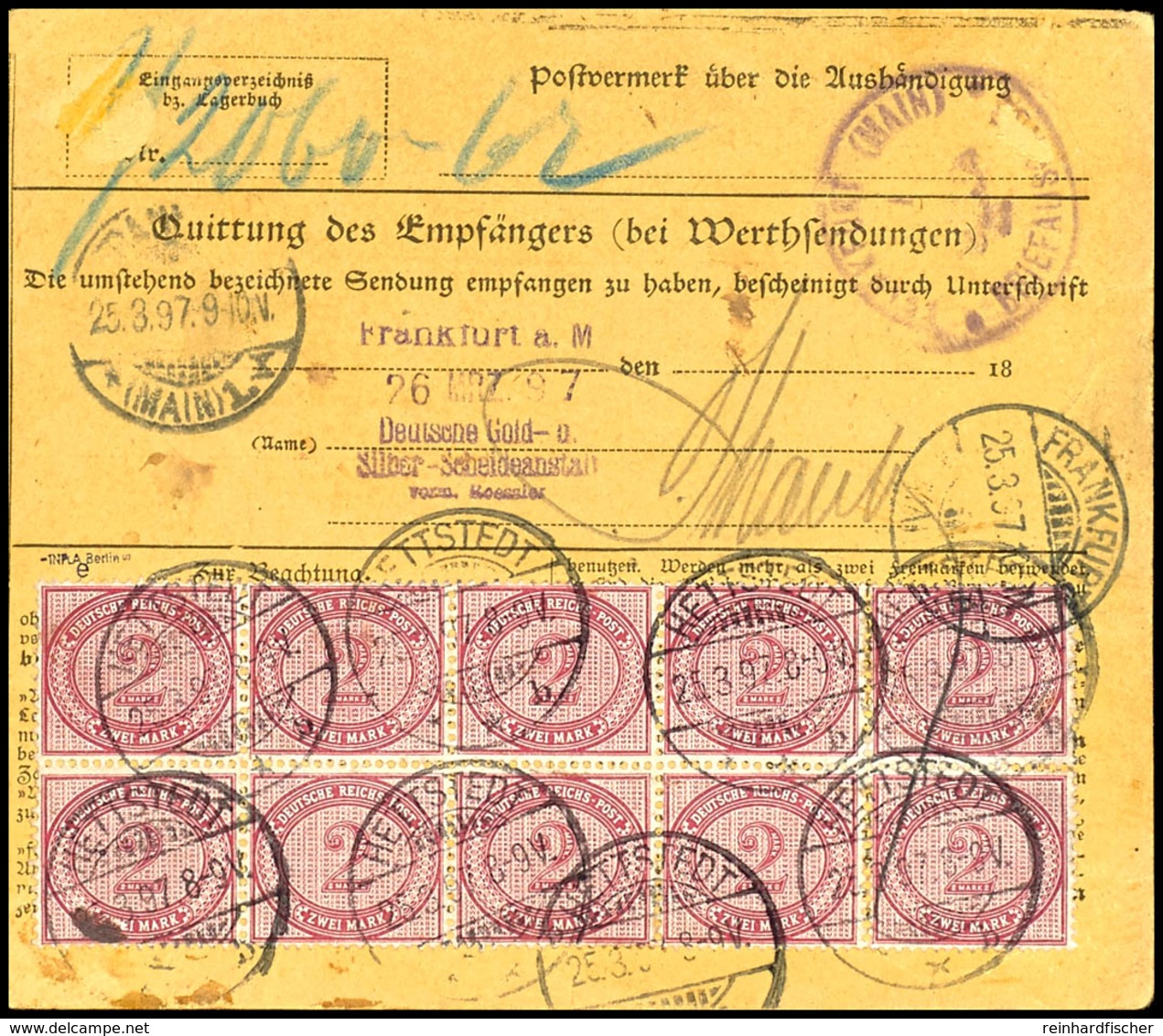 2194 2 Mark Dunkelrotkarmin Im 10er-Block Rückseitig Auf Post-Paketadresse Von "Herttstedt 25.3.97" Nach Frankfurt Am Ma - Sonstige & Ohne Zuordnung