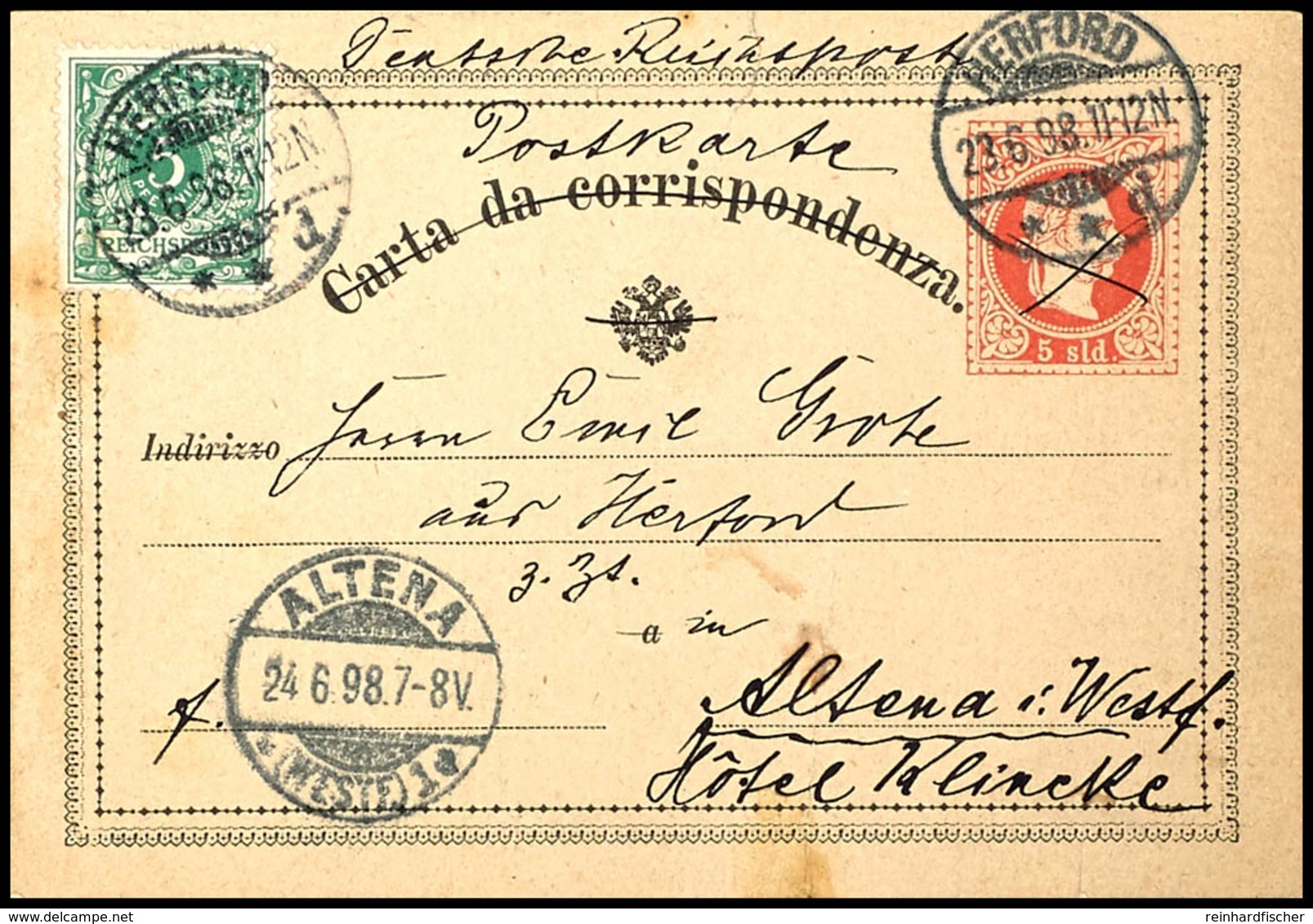 2226 5 Pfg. Grün Mit Stempel HERFORD 23.6.98 Auf 5 Sld. Ganzsachenkarte (Formblatt, Vermutlich Als Reisekarte) Mit Hands - Sonstige & Ohne Zuordnung