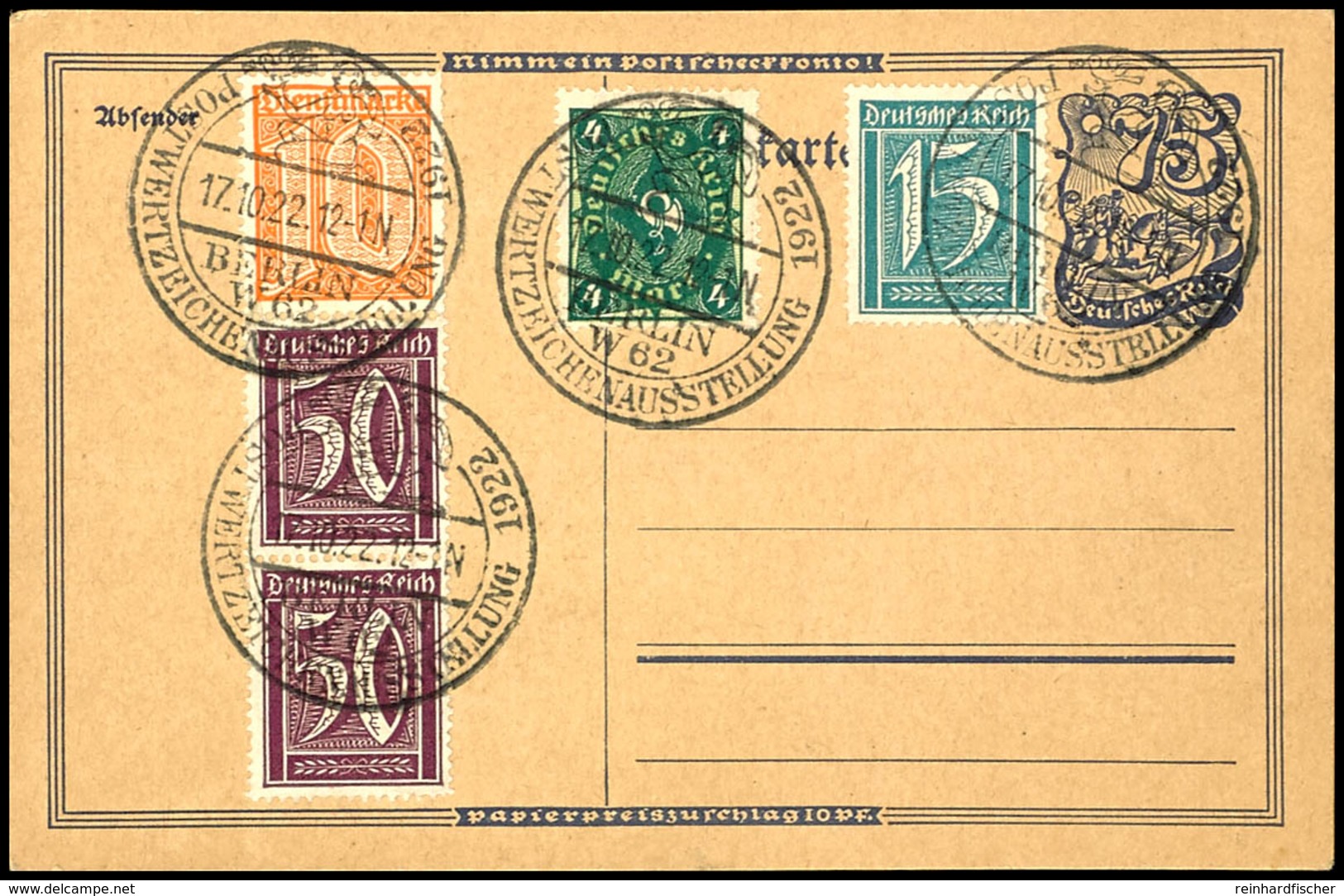 3003 10 Pf. Dunkelorange Mit Zusatzfrankatur A. Blanco-Karte, Sonderstempel "Postwertzeichenausstellung Berlin 1922", Ge - Sonstige & Ohne Zuordnung