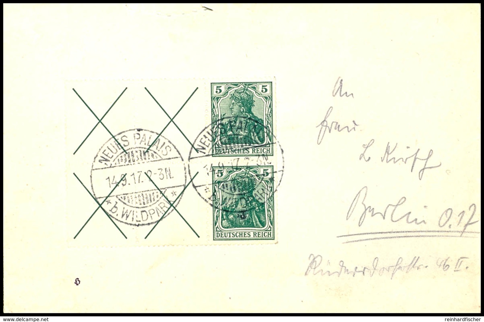 3094 5 Pf. Germania, H-Blatt Mit 4 Andreaskreuzen Auf Ortsbrief Berlin "NEUES PALAIS 14.9.17" (kl. Öffnungsmängel), Mi.  - Sonstige & Ohne Zuordnung