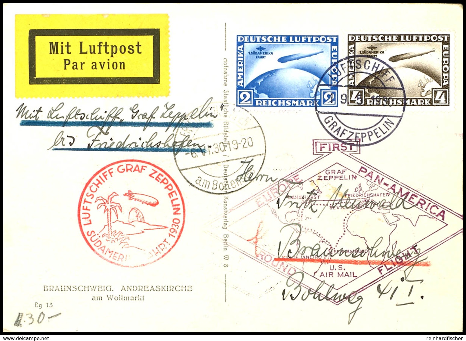 3138 1930, Südamerikafahrt, Bordpostkarte Der Rundfahrt, Bildpostkarte Mit 2 Und 4 RM. Südamerikafahrt Mit Bordpoststemp - Other & Unclassified