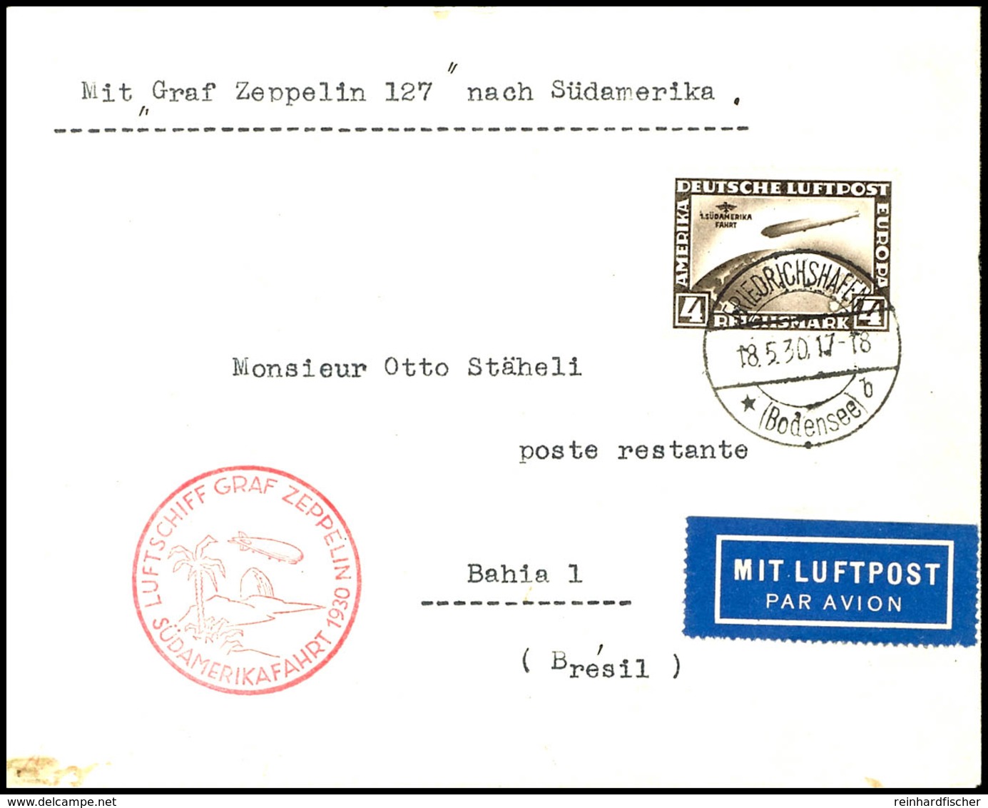 3140 Südamerikafahrt 1930, Aufgabe Friedrichshafen Nach Bahia, Brief Frankiert Mit 4 M. Südamerikafahrt Von FRIEDRICHSHA - Other & Unclassified