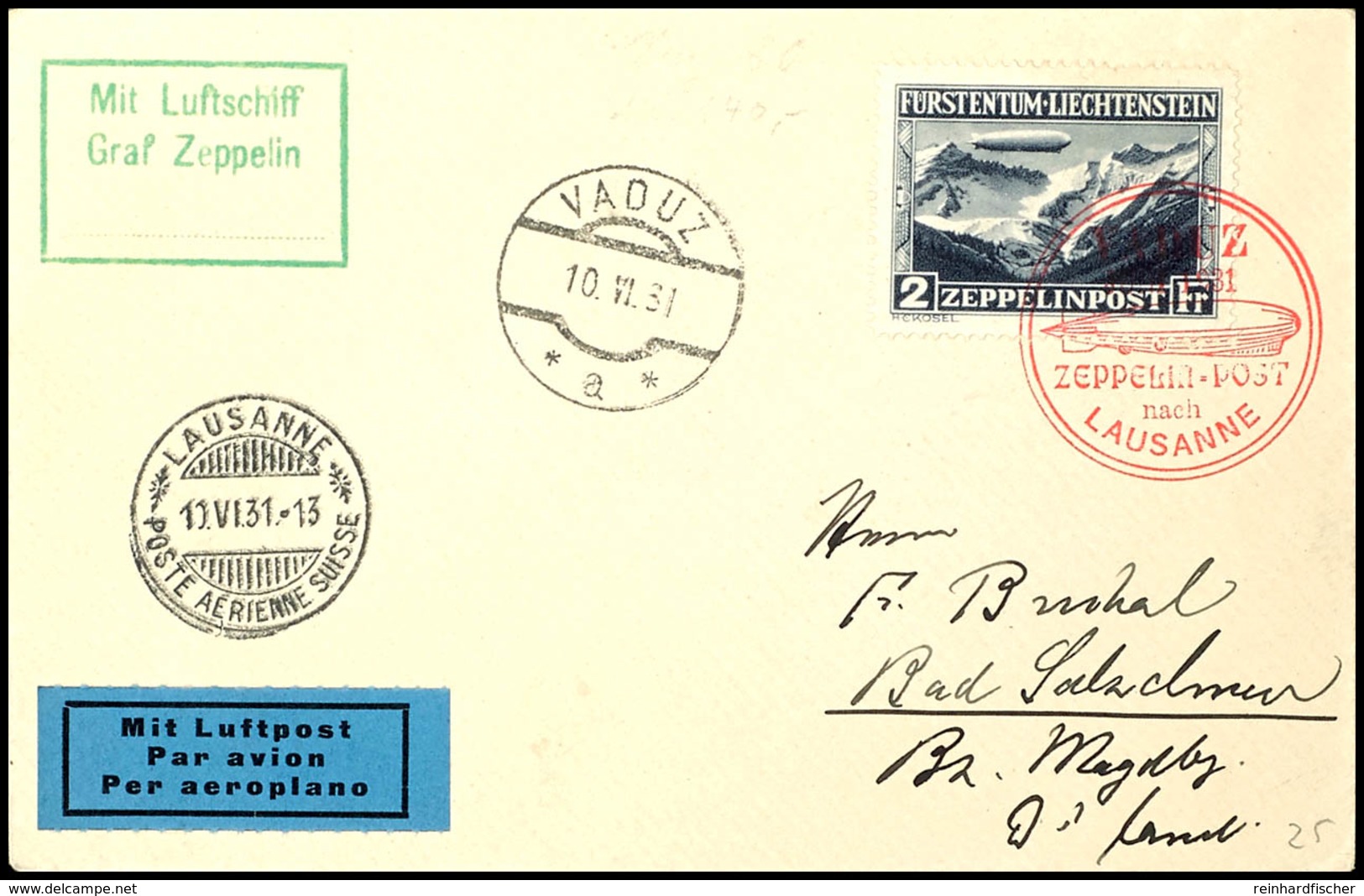 3144 1931, Fahrt Vaduz-Lausanne, Brief Mit 2 Fr. Zeppelin, Katalog: Si.110B BF - Autres & Non Classés